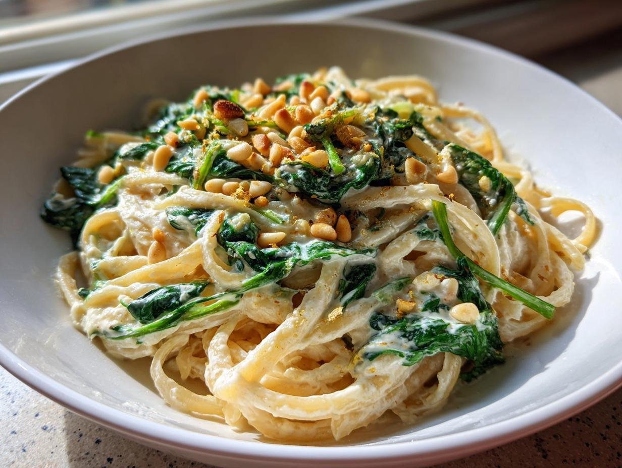 A close-up of Creamy Lemon Ricotta Pasta With Spinach Pine Nuts Delight tossed with linguine and topped with toasted pine nuts.