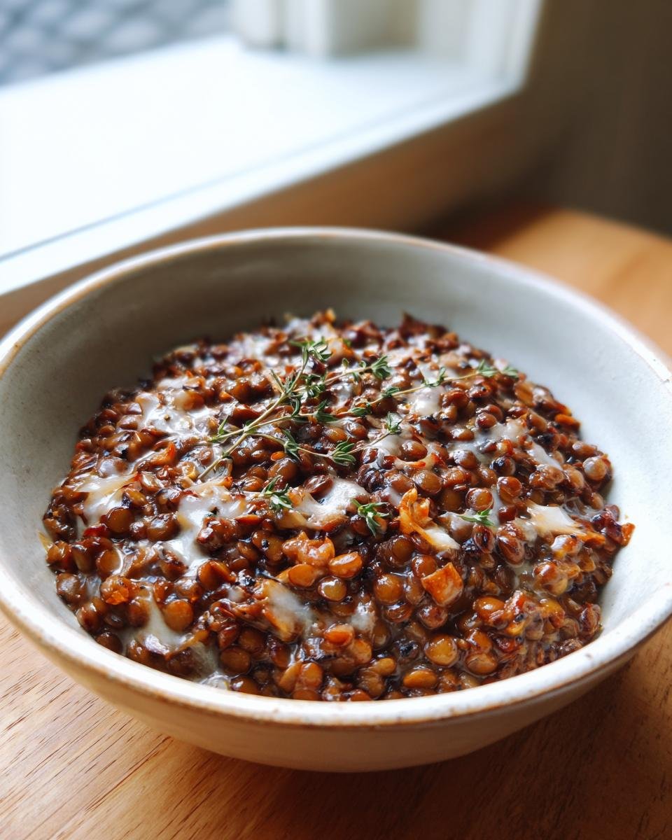 A close-up of Irresistible Creamy Marry Me Lentils topped with melted cheese and fresh thyme in a beige bowl.