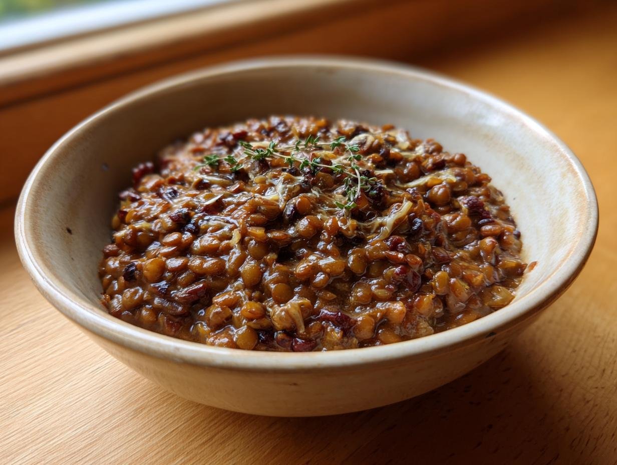 A close-up of a bowl filled with Irresistible Creamy Marry Me Lentils, garnished with thyme.