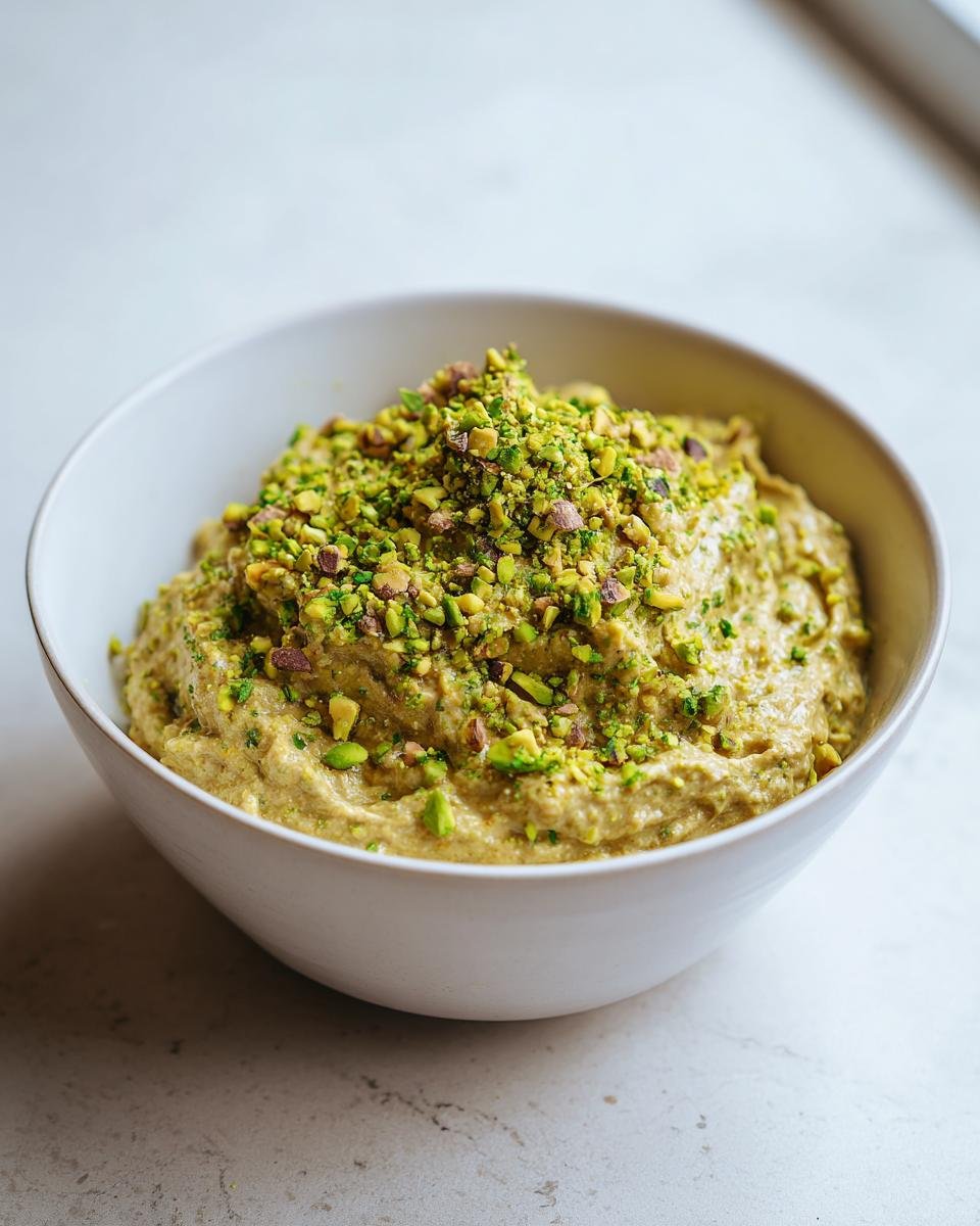 A white bowl filled with creamy Pistachio Overnight Oats Recipe, generously topped with chopped green pistachios.