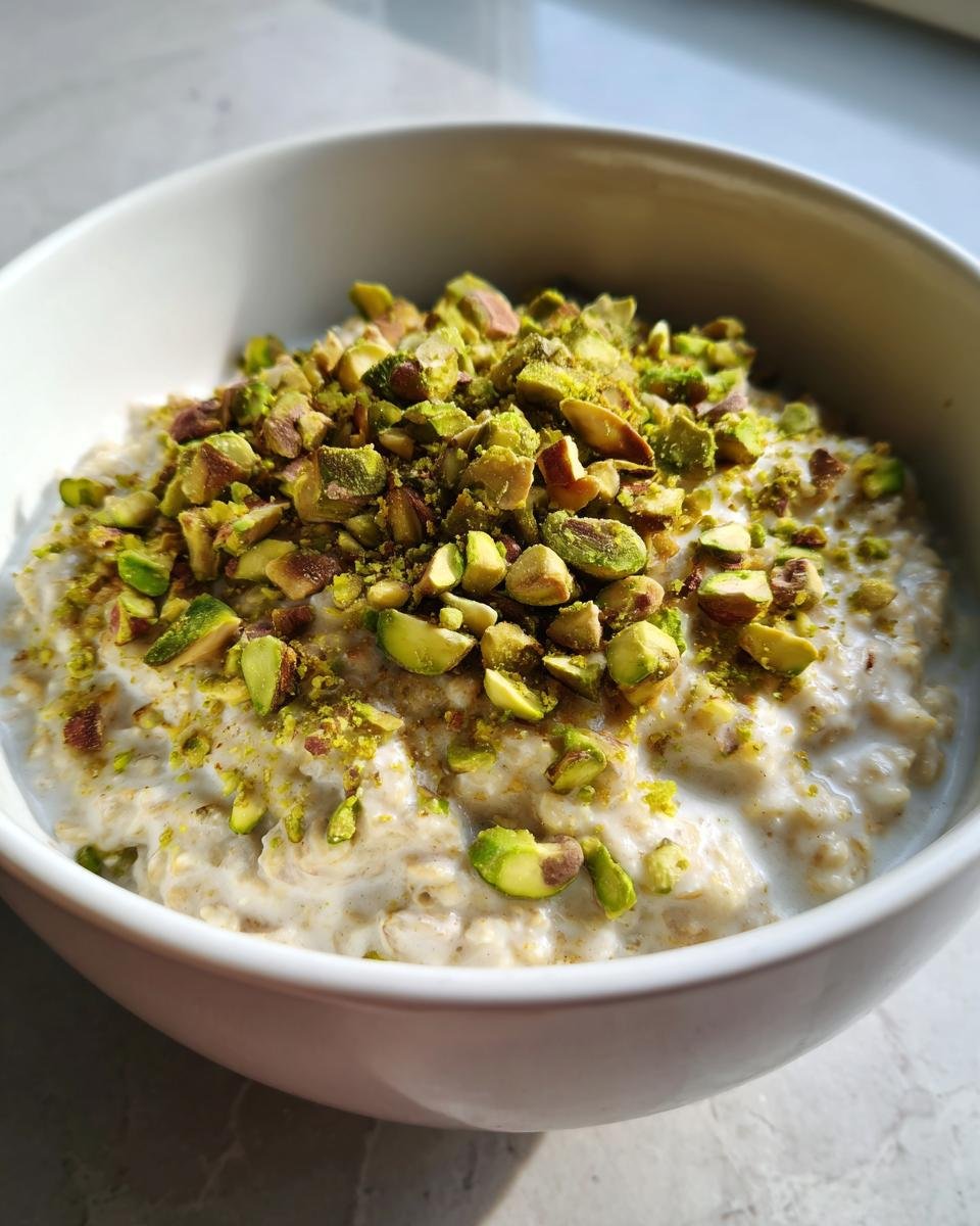 A close-up of creamy pistachio overnight oats recipe topped generously with chopped green pistachios.