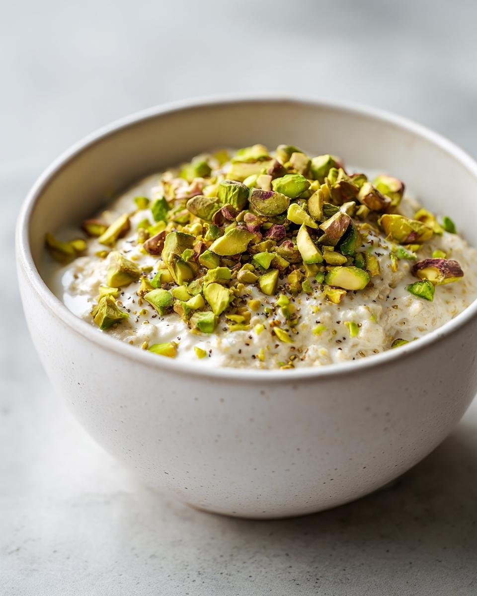 Close-up of creamy Pistachio Overnight Oats Recipe topped generously with chopped green pistachios.