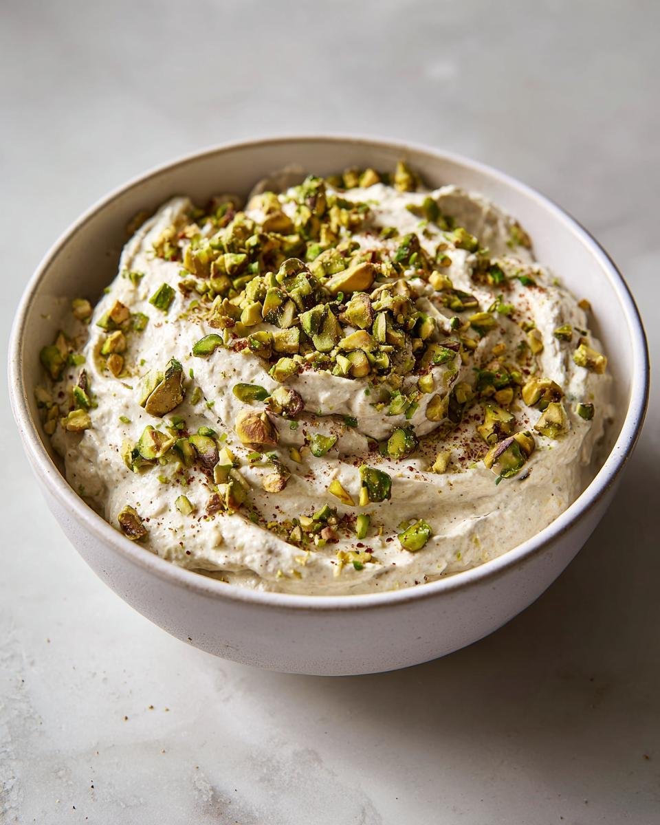 Close-up of creamy mixture topped generously with chopped pistachios, likely for the Pistachio Overnight Oats Recipe.