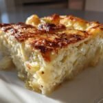 Close-up of a rich slice of Creamy Potato Leek Au Gratin Recipe with a golden-brown, bubbly cheese crust.