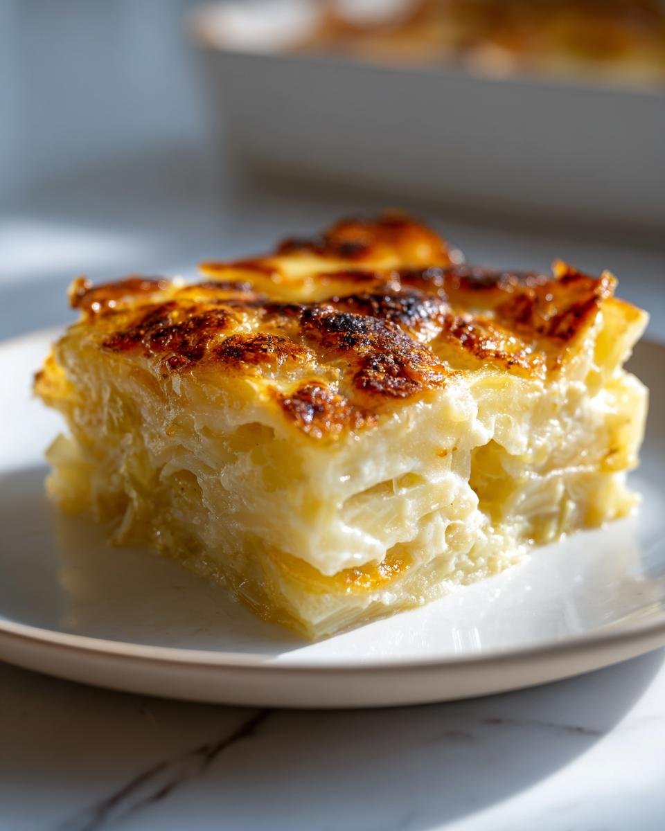 A close-up of a rich slice of Creamy Potato Leek Au Gratin Recipe with a beautifully browned, cheesy top.