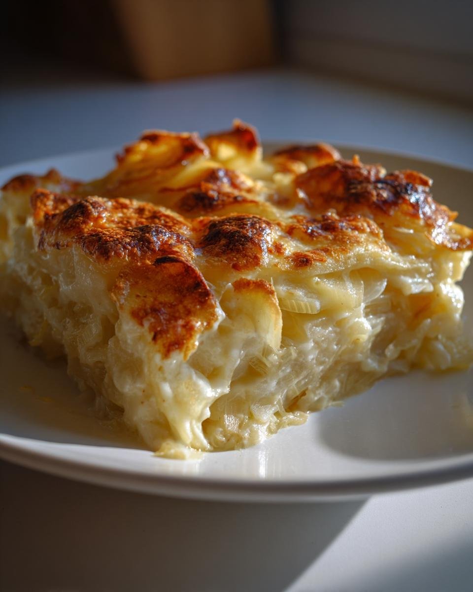 A close-up slice of Creamy Potato Leek Au Gratin Recipe with a golden-brown, cheesy crust.
