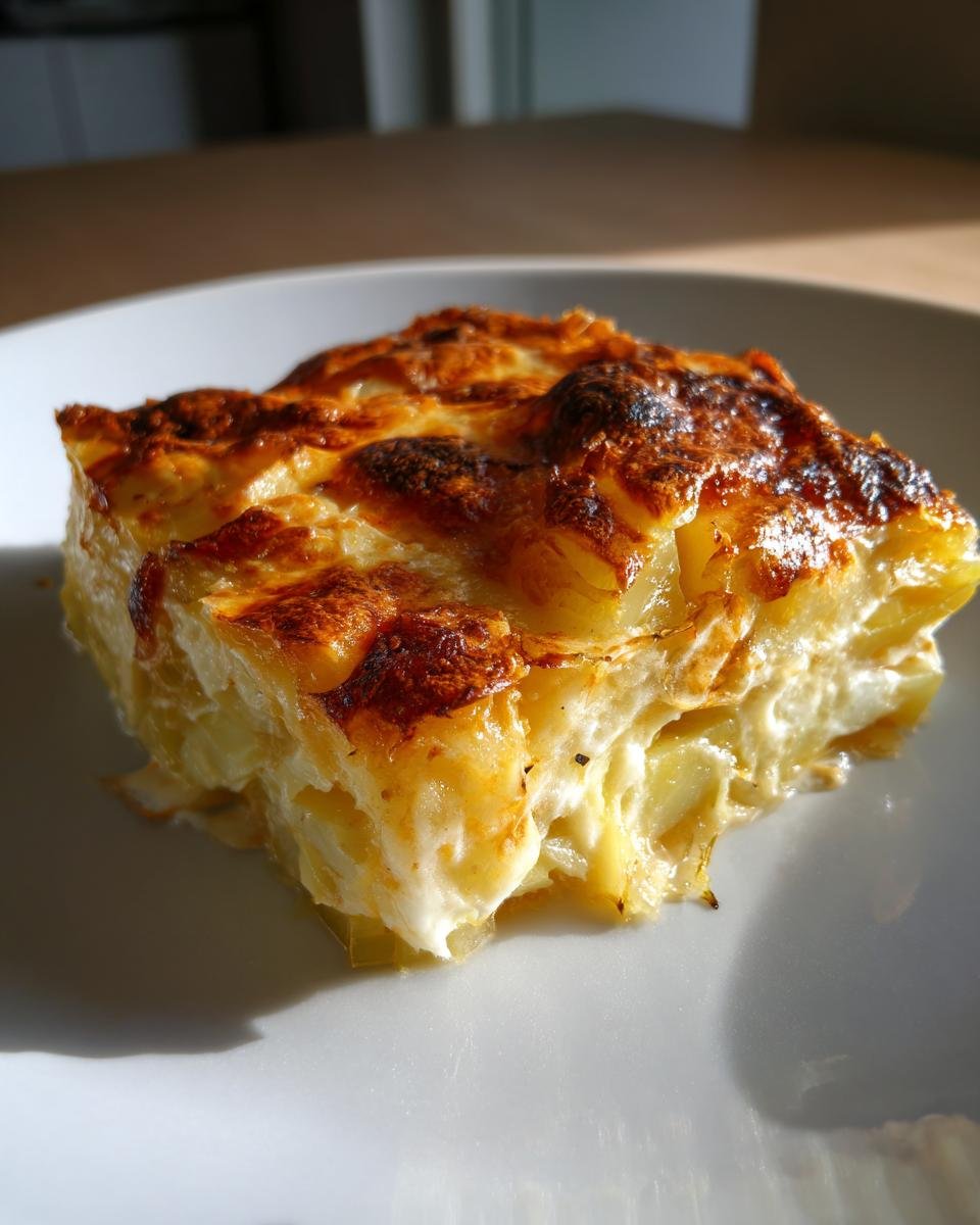 A square slice of Creamy Potato Leek Au Gratin Recipe with a golden-brown, bubbly cheese crust.