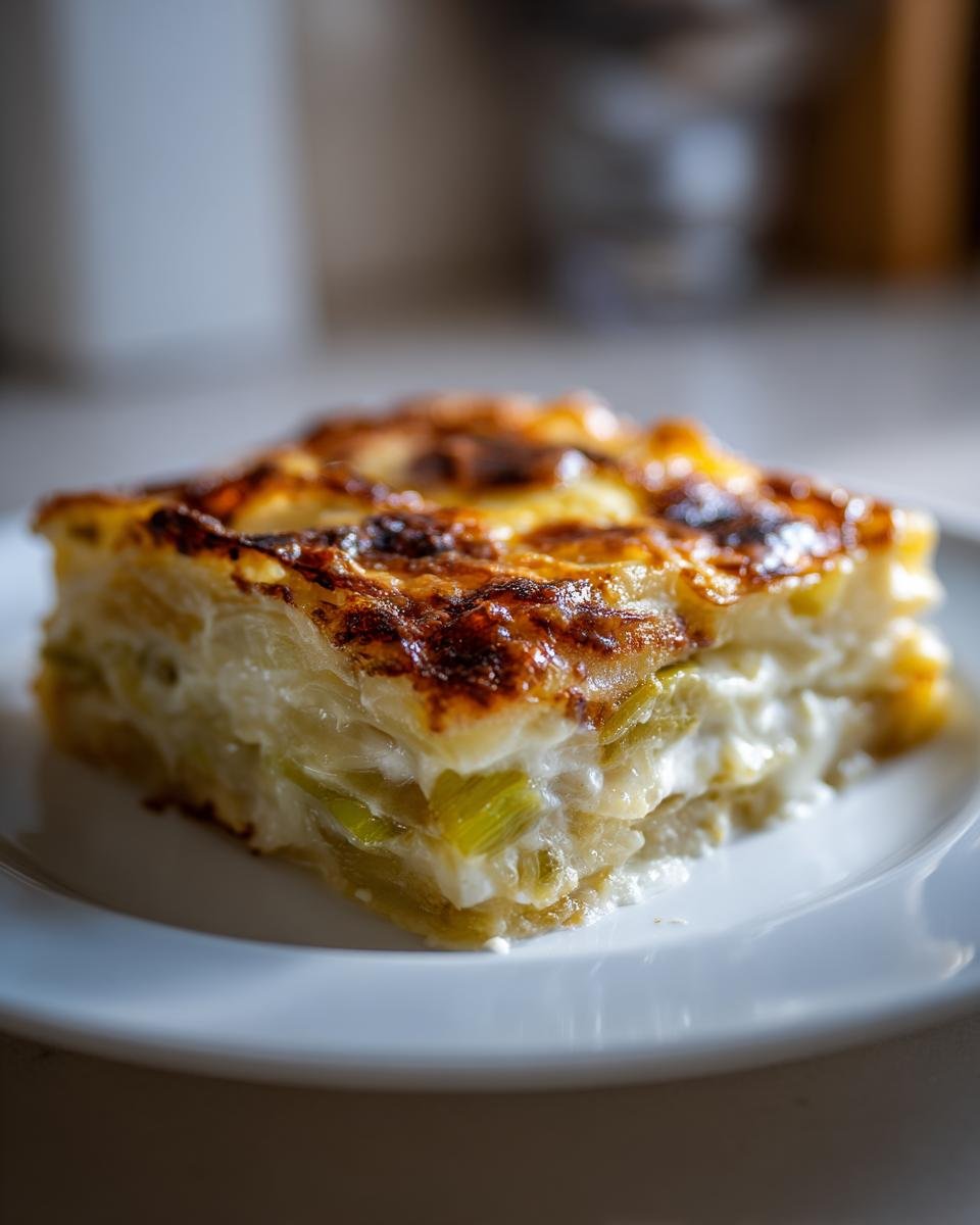 A square slice of Creamy Potato Leek Au Gratin Recipe showing layers of potatoes, creamy sauce, and green leeks with a browned, cheesy top.