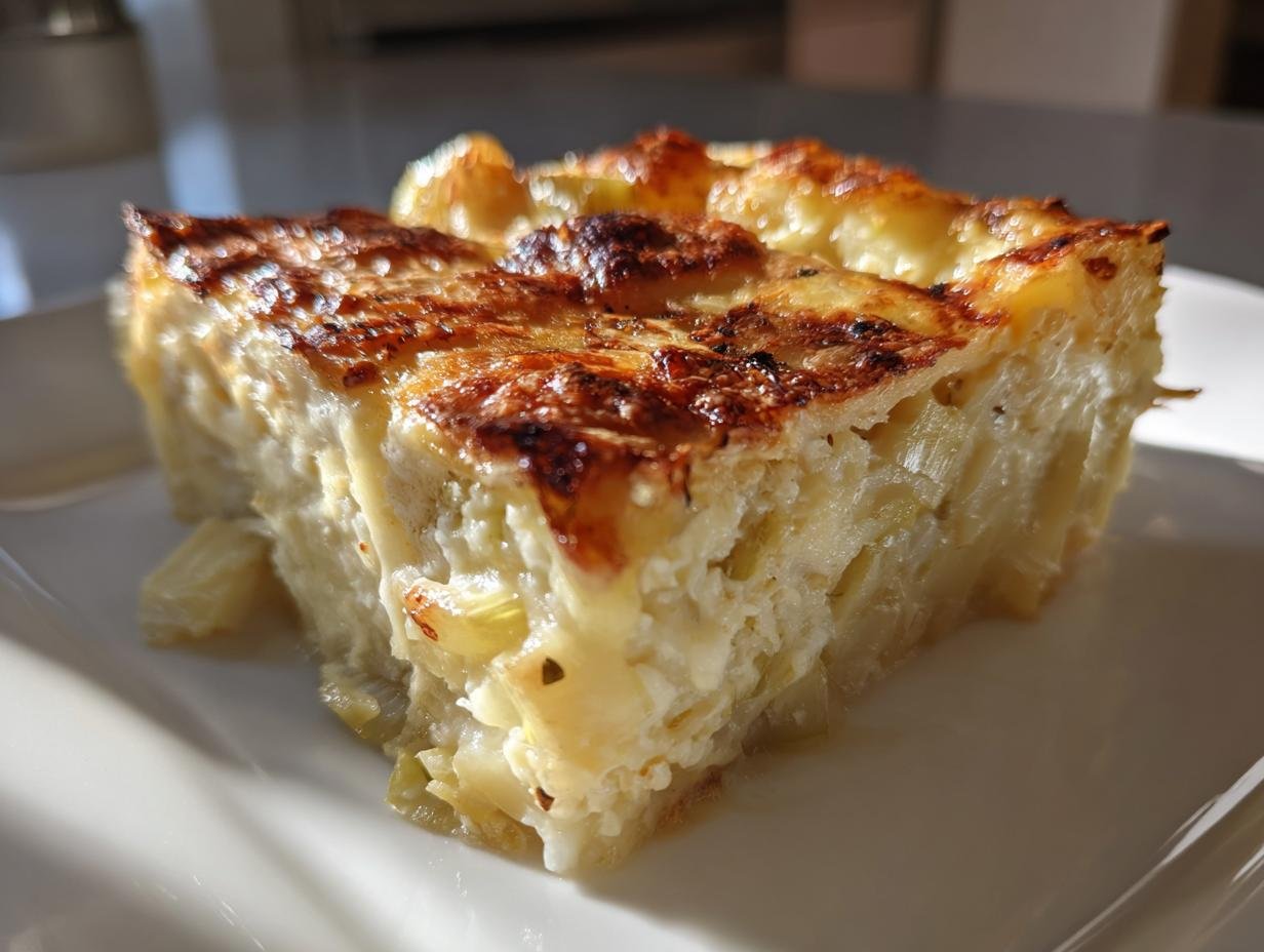 Close-up of a rich slice of Creamy Potato Leek Au Gratin Recipe with a golden-brown, bubbly cheese crust.