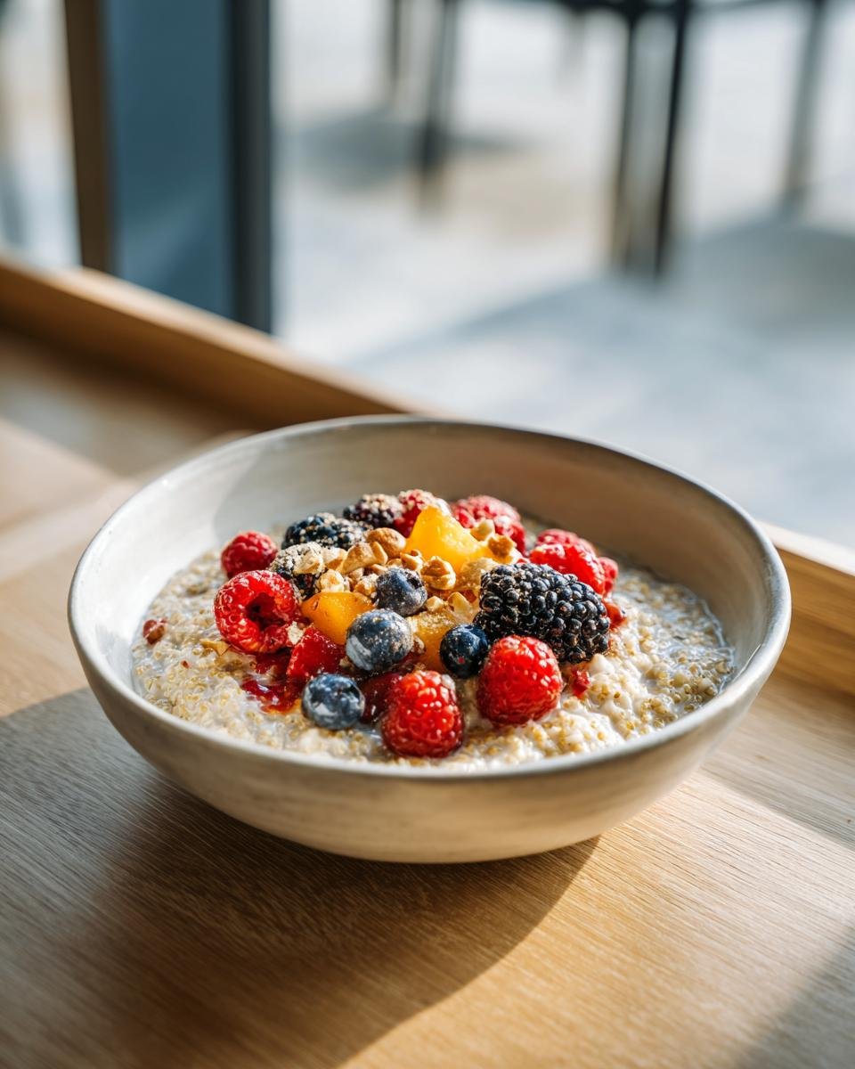 A close-up of a bowl of Creamy Quinoa Porridge topped generously with fresh raspberries, blueberries, blackberries, and chopped nuts.