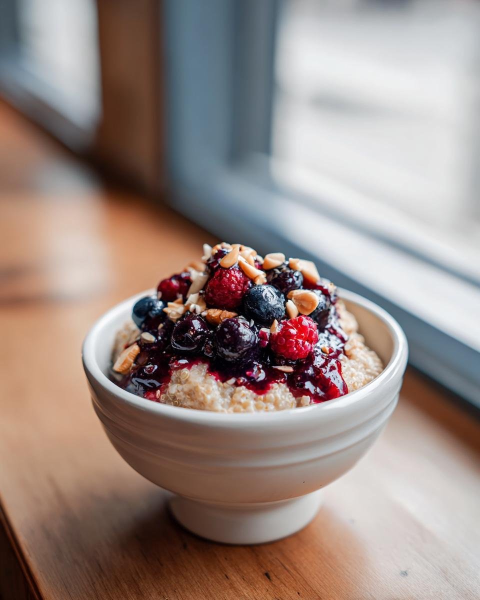 A bowl of creamy quinoa porridge topped with mixed berries, berry sauce, and chopped nuts.