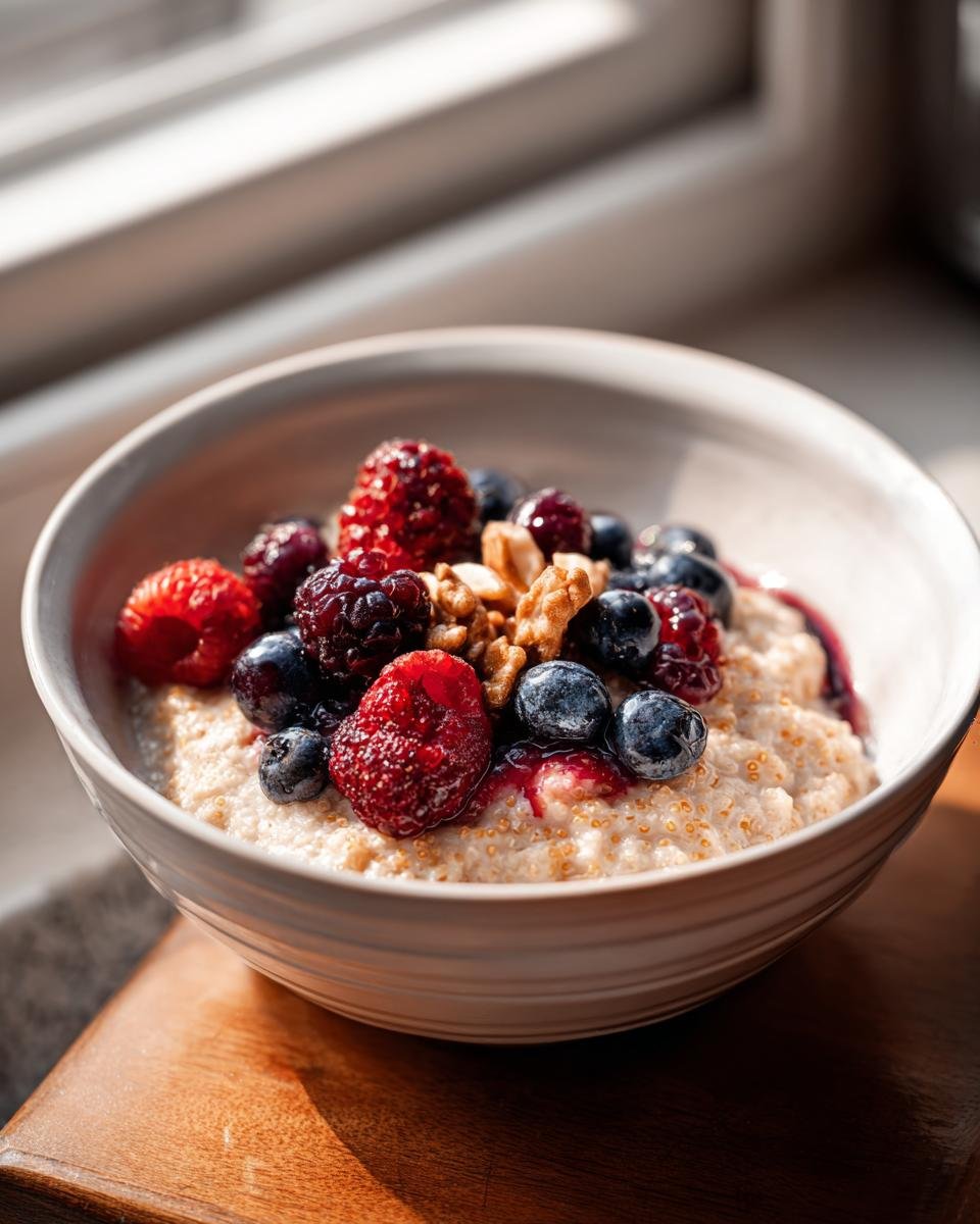 A close-up of a bowl of Creamy Quinoa Porridge topped with fresh raspberries, blueberries, blackberries, and walnuts.