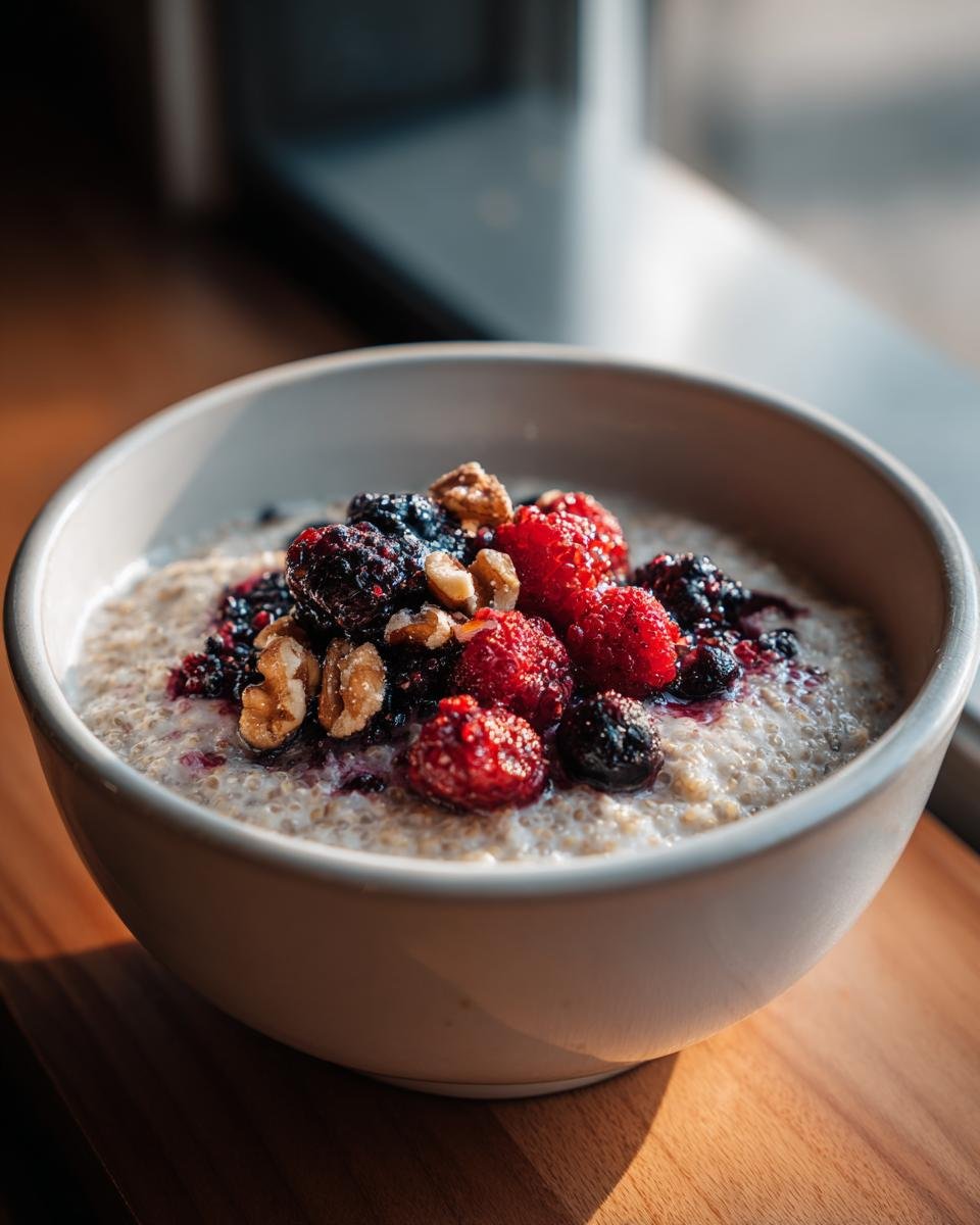 A bowl of Creamy Quinoa Porridge topped generously with mixed berries and walnuts, bathed in morning light.