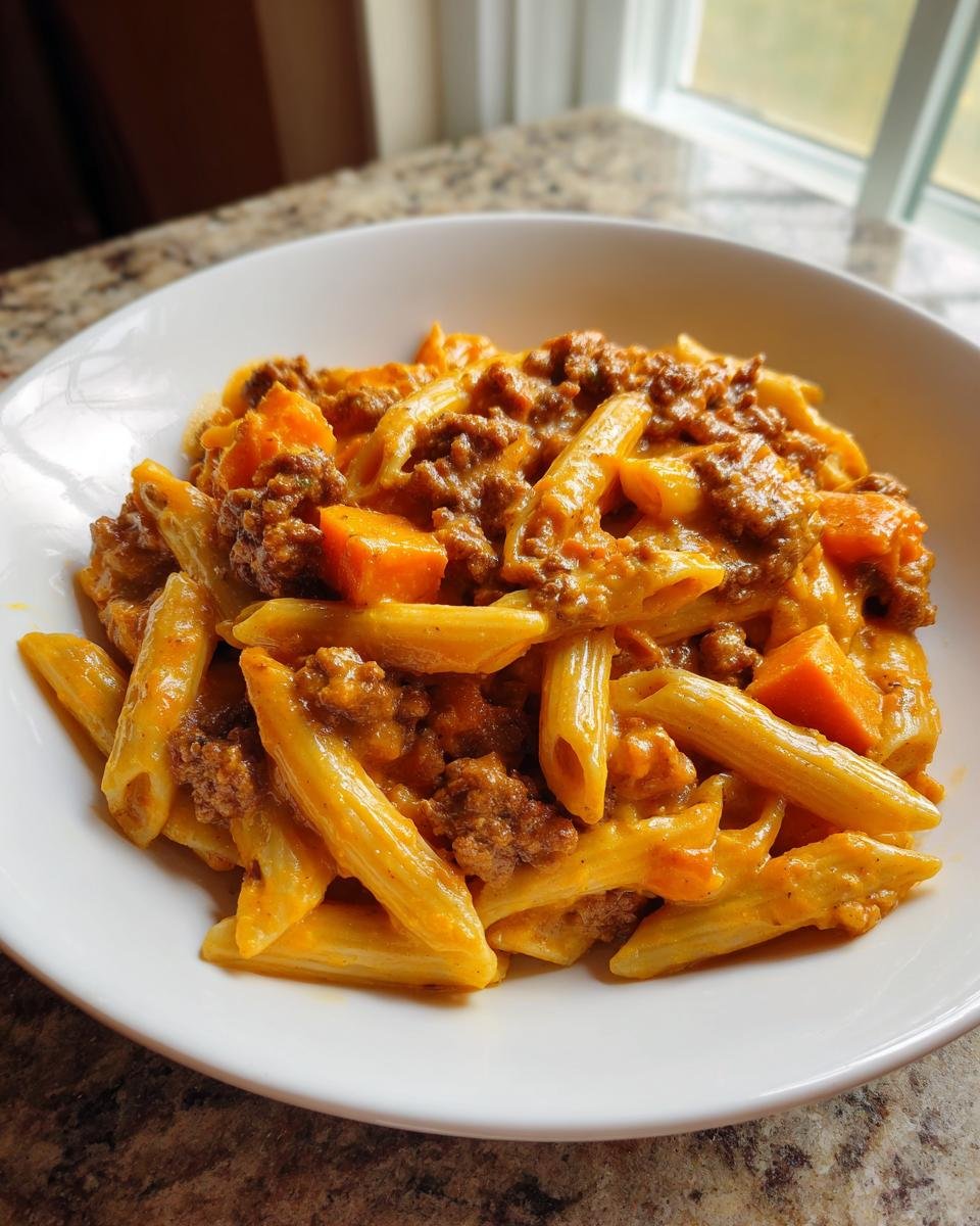 A close-up of Creamy Sausage Pasta With Sweet Potato, featuring penne pasta, ground sausage, and orange sweet potato cubes in a creamy sauce.
