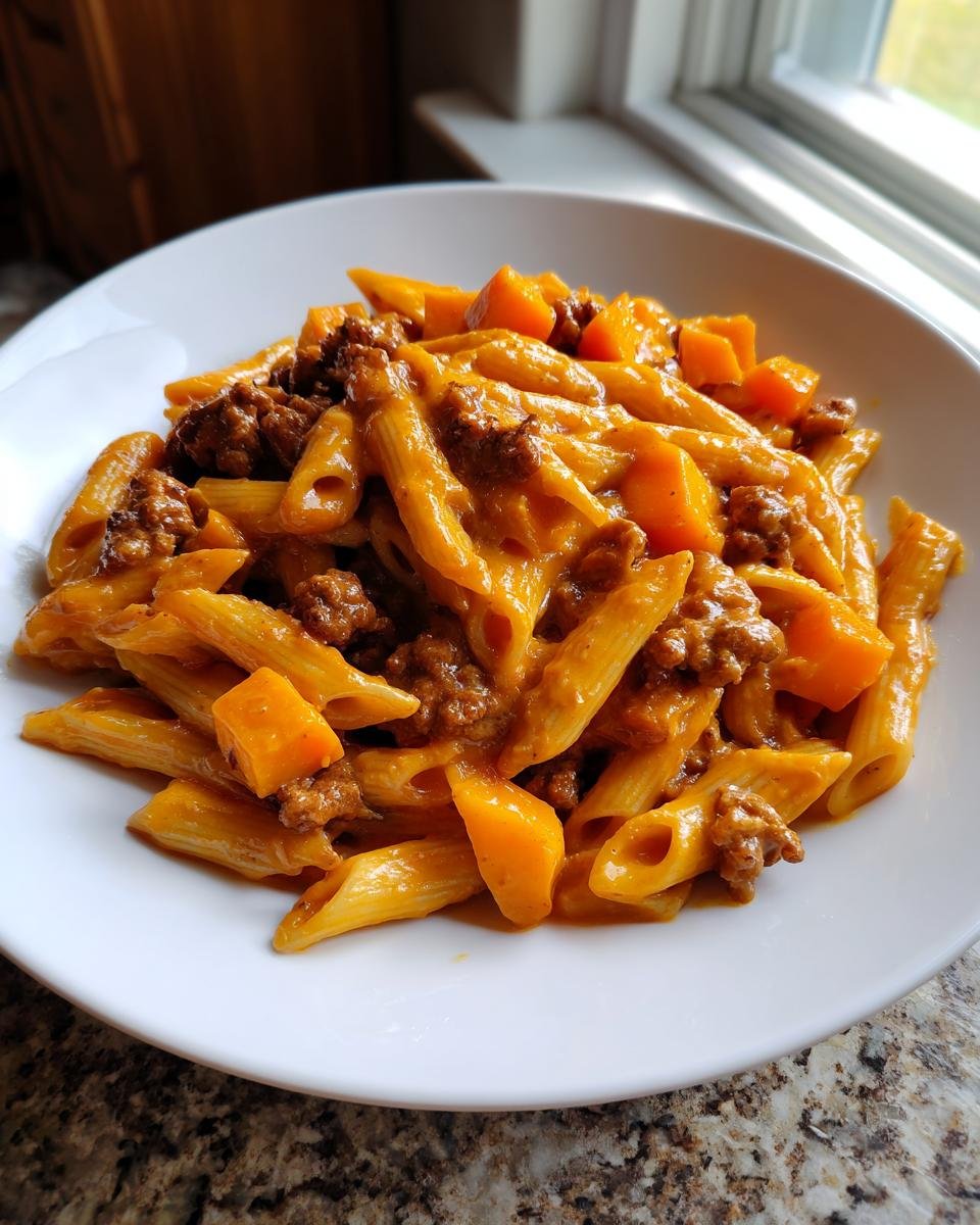 A close-up of creamy sausage pasta with sweet potato chunks served in a white bowl.