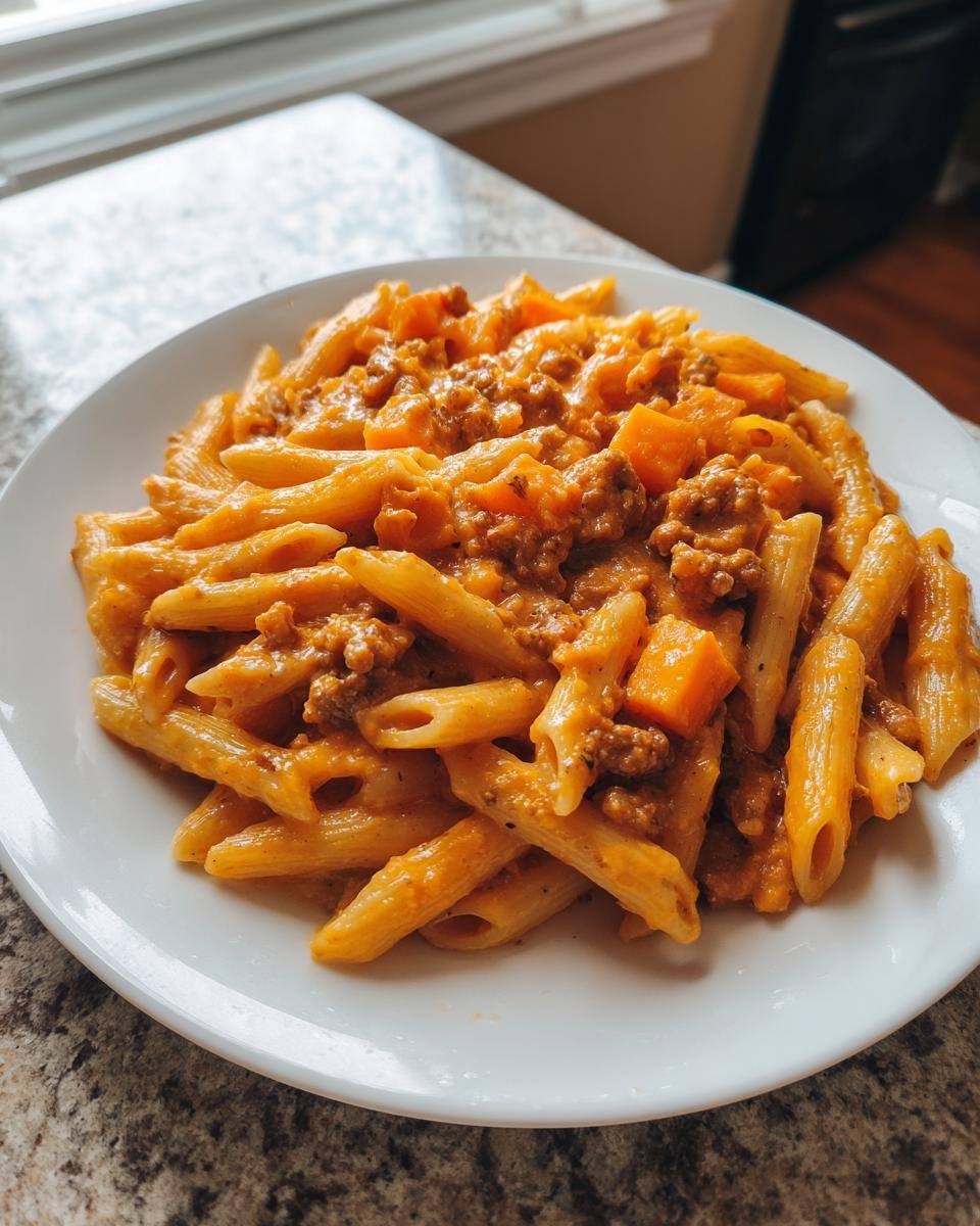 A close-up of a white plate filled with Creamy Sausage Pasta With Sweet Potato, featuring penne pasta coated in an orange sauce with ground sausage and chunks of sweet potato.