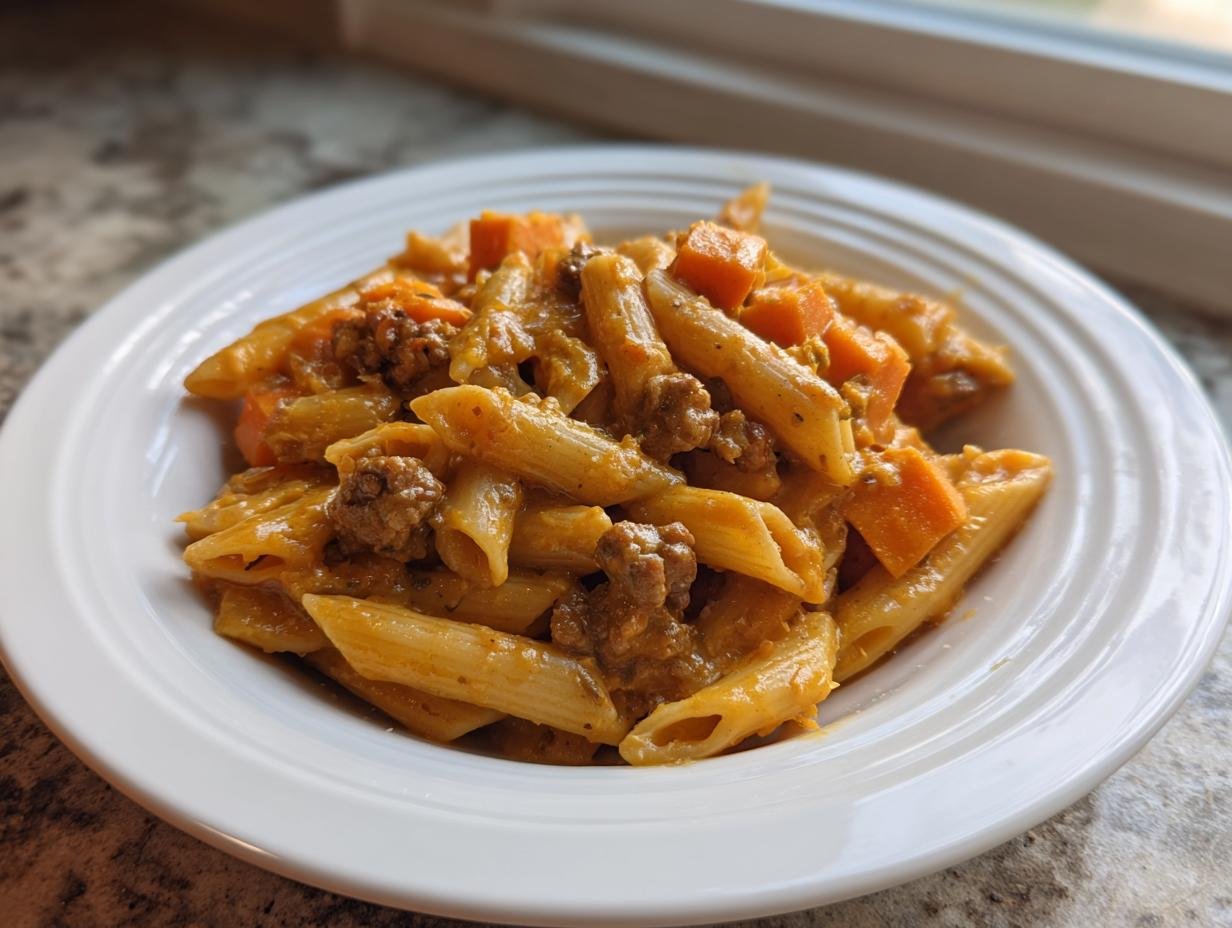 A close-up of creamy sausage pasta with sweet potato chunks served in a white bowl.