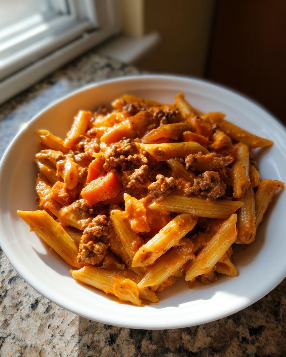 A white bowl filled with creamy sausage pasta with sweet potato chunks, bathed in natural sunlight.
