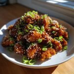 A plate piled high with Crispy Sesame Chicken Recipe pieces, coated in glaze, sesame seeds, and green onions.