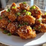 Close-up of crispy sesame chicken recipe pieces coated in glaze, topped with sesame seeds and green onions.