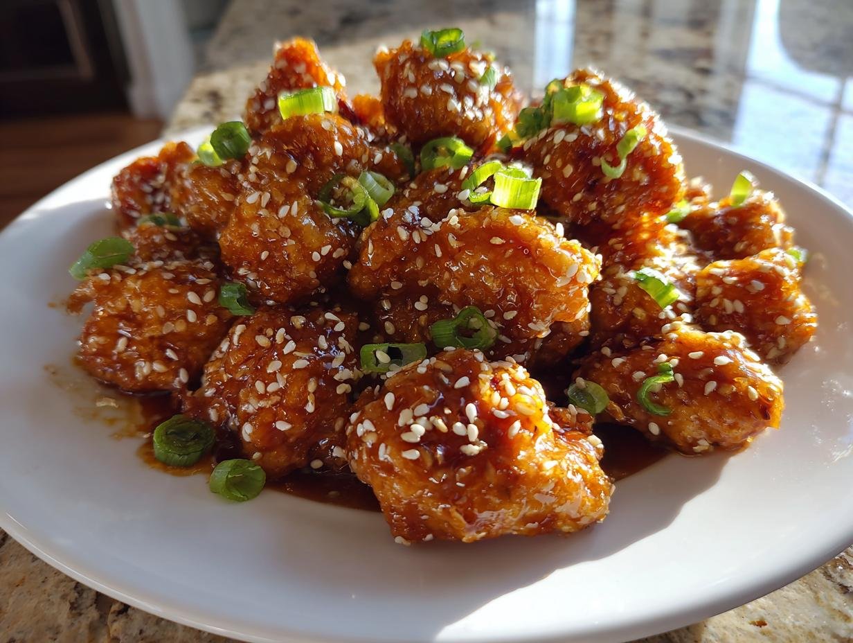 Close-up of crispy sesame chicken recipe pieces coated in glaze, topped with sesame seeds and green onions.