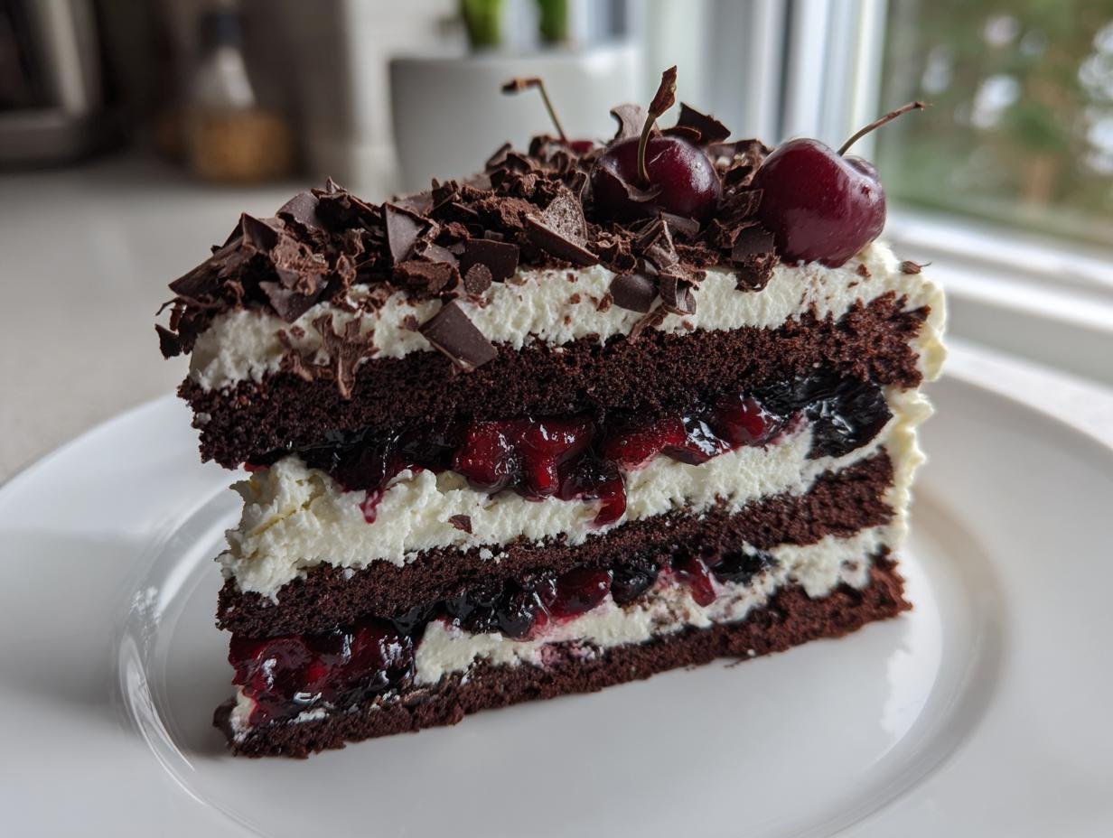 A perfect slice of decadent Black Forest Cake showing layers of chocolate sponge, cream, and cherry filling, topped with chocolate shavings and fresh cherries.