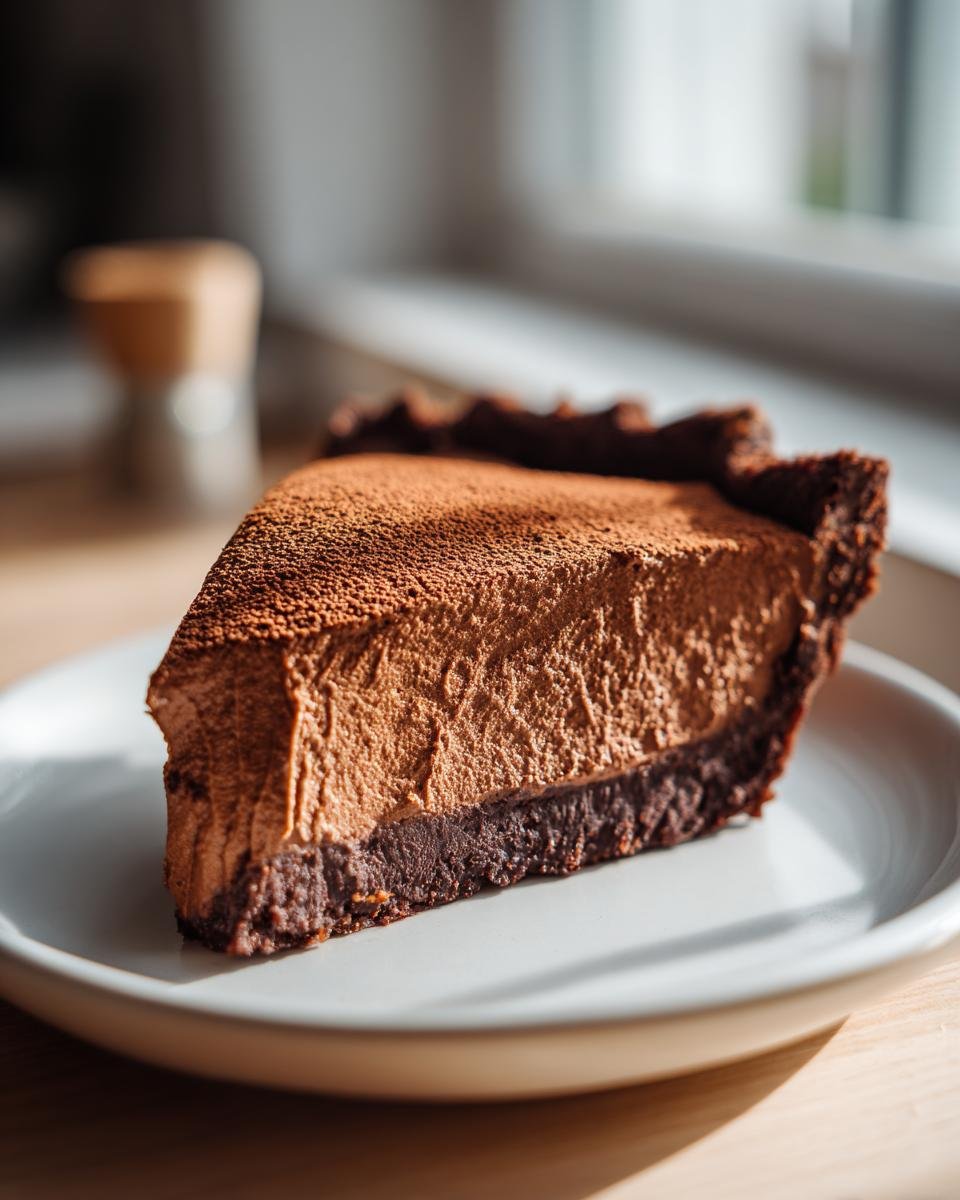 A rich slice of Decadent Chocolate Mousse Pie, featuring a thick, airy filling and dark crust, dusted with cocoa powder.