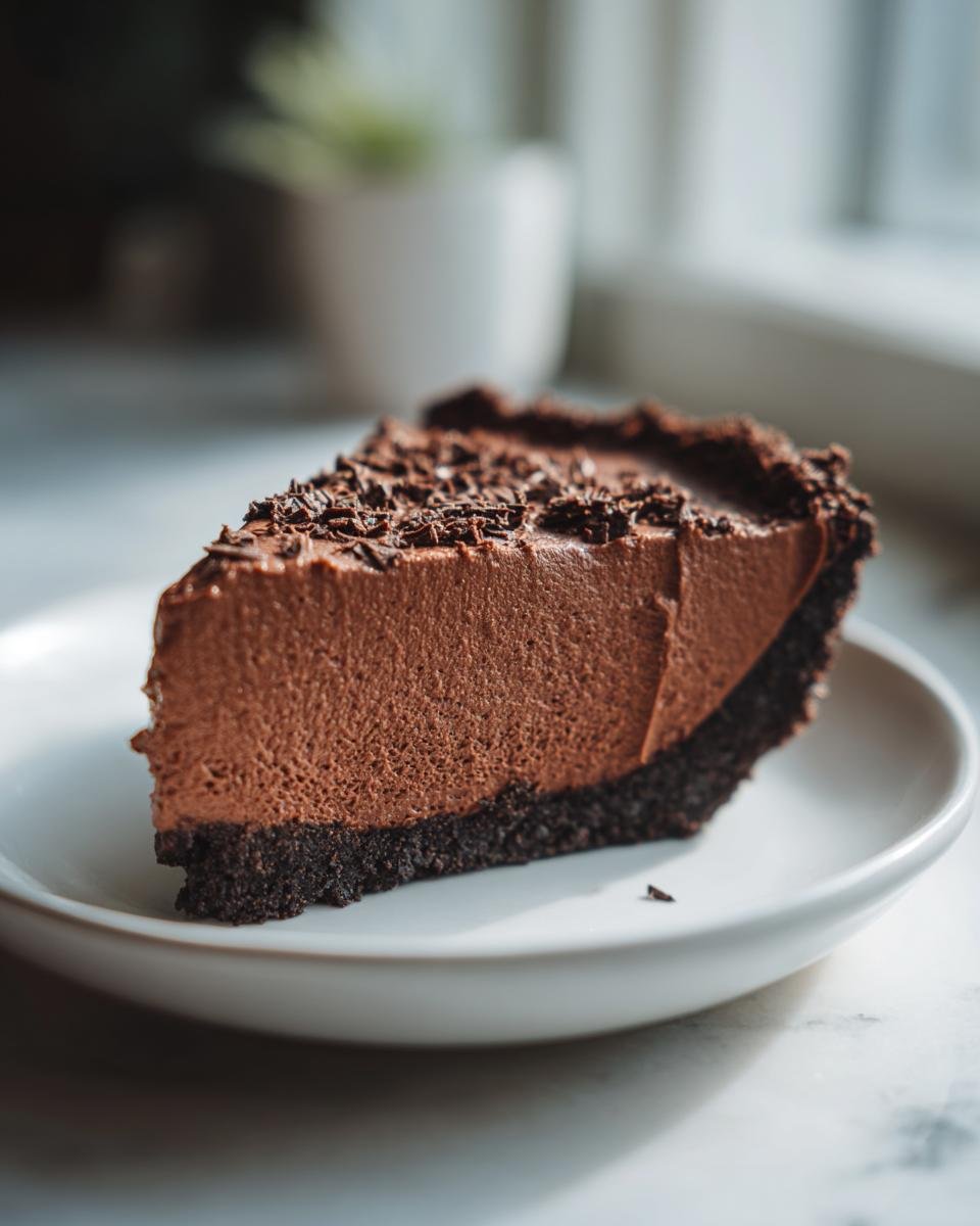 A perfect slice of Decadent Chocolate Mousse Pie Recipe with a dark chocolate crust and chocolate shavings on top.
