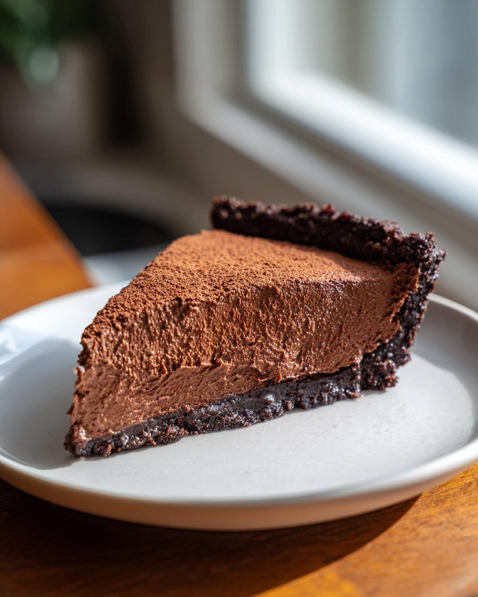 A perfect slice of Decadent Chocolate Mousse Pie with a dark crust, dusted with cocoa powder.