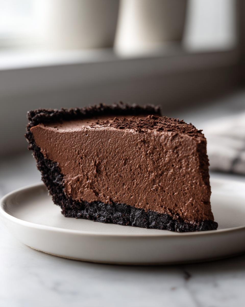 A thick slice of Decadent Chocolate Mousse Pie with a dark chocolate crust, served on a light plate.