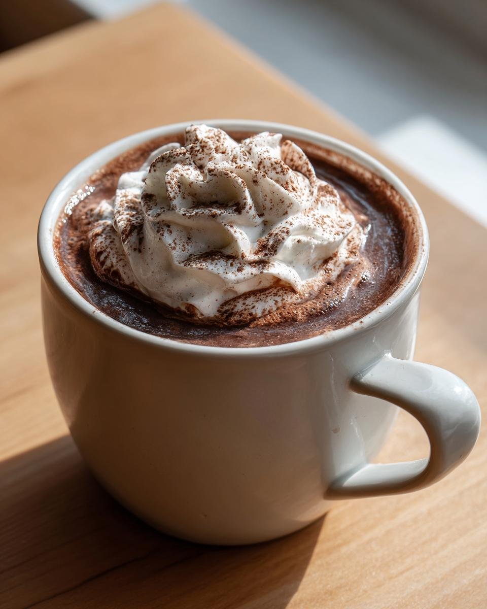 Close-up of a white mug filled with Decadent Crockpot Hot Chocolate, topped generously with whipped cream and cocoa powder.