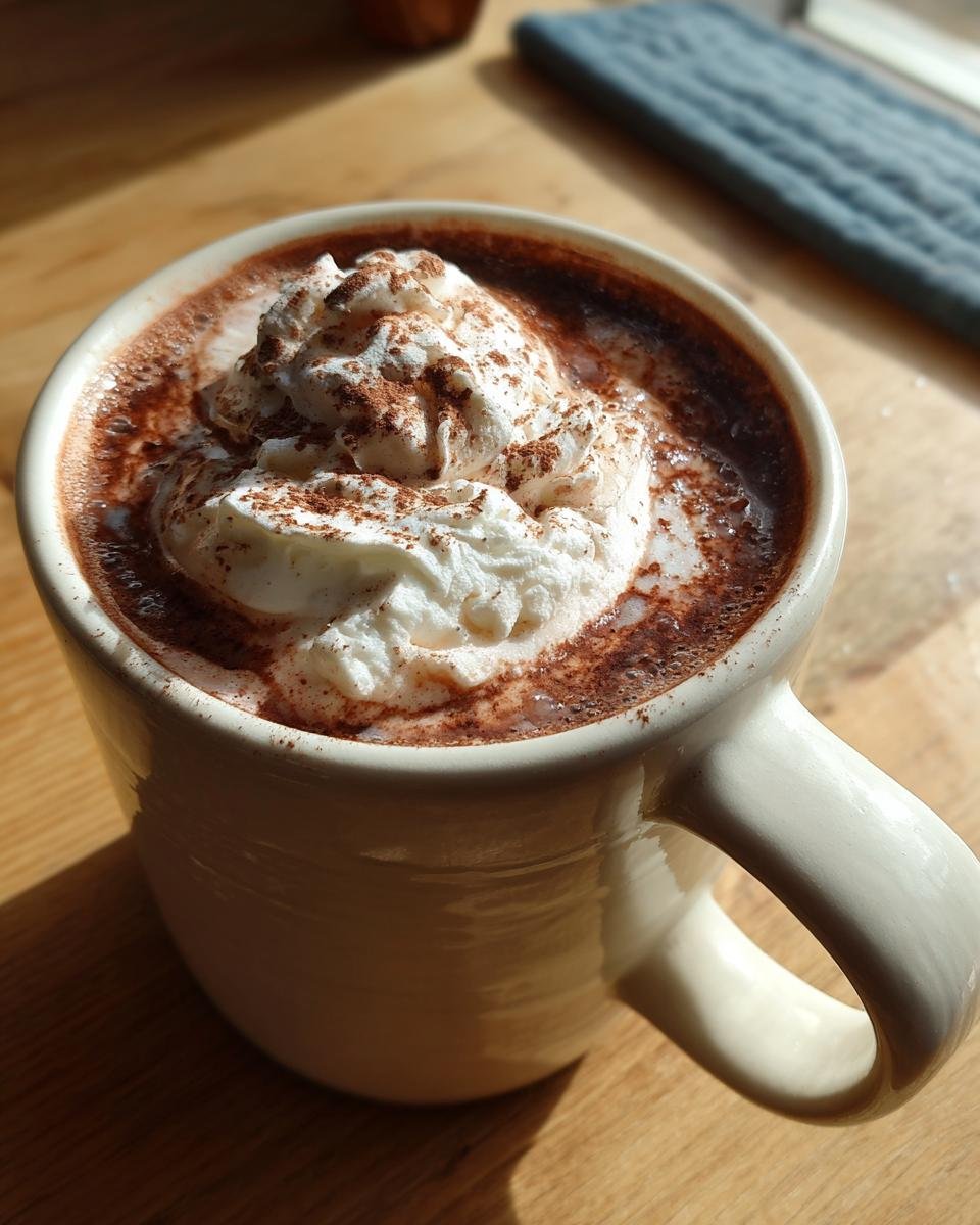 Close-up of a mug filled with Decadent Crockpot Hot Chocolate topped with whipped cream and cocoa powder.