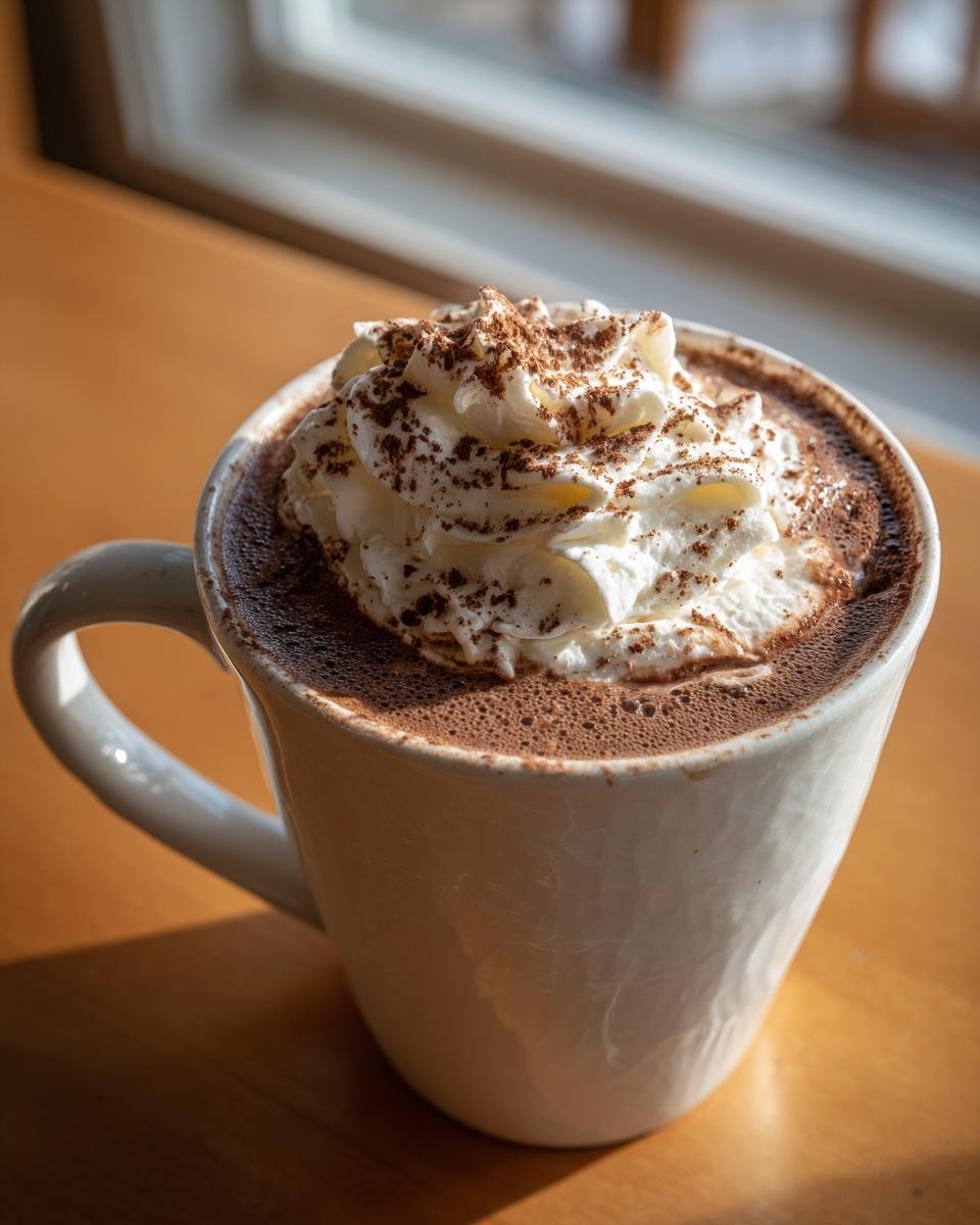 Close-up of a mug filled with Decadent Crockpot Hot Chocolate topped with whipped cream and cocoa powder.