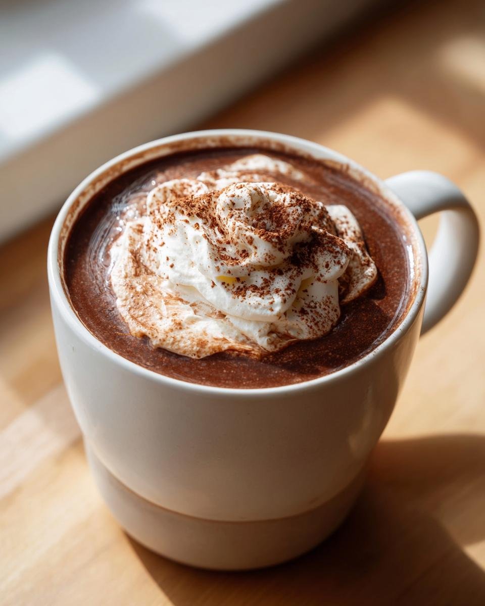 Close-up of a mug filled with Decadent Crockpot Hot Chocolate topped with whipped cream and cocoa powder.