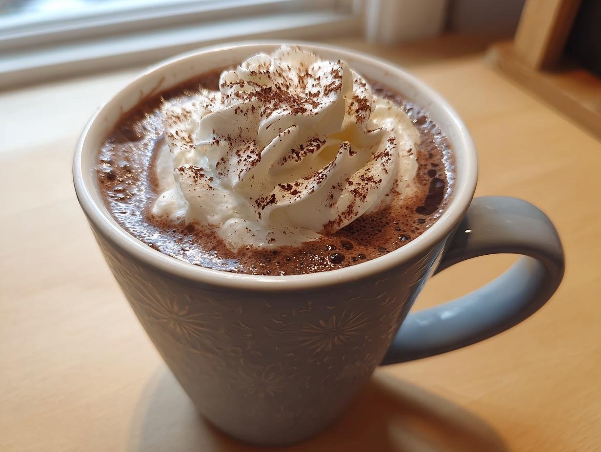 Close-up of a mug filled with Decadent Crockpot Hot Chocolate topped with whipped cream and cocoa powder.