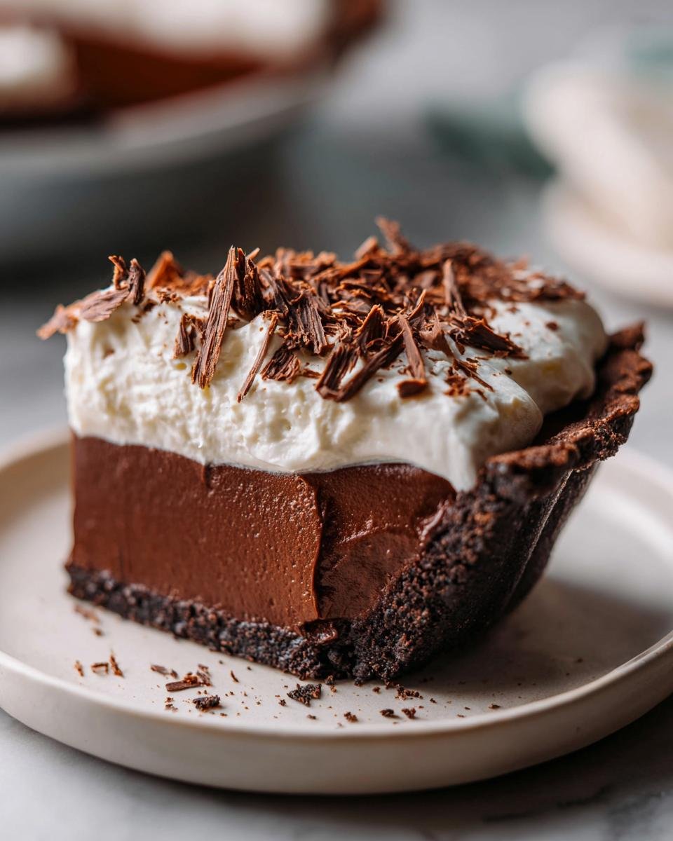 A close-up of a slice of Decadent French Silk Pie showing the rich chocolate filling, crust, and chocolate shavings on top.