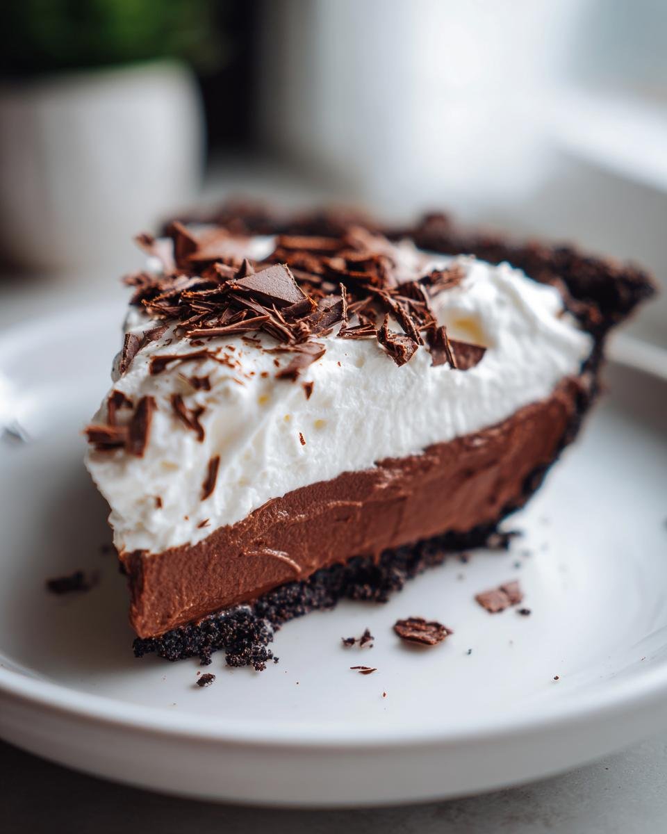 A close-up of a slice of Decadent French Silk Pie with a rich chocolate filling and whipped cream topping.