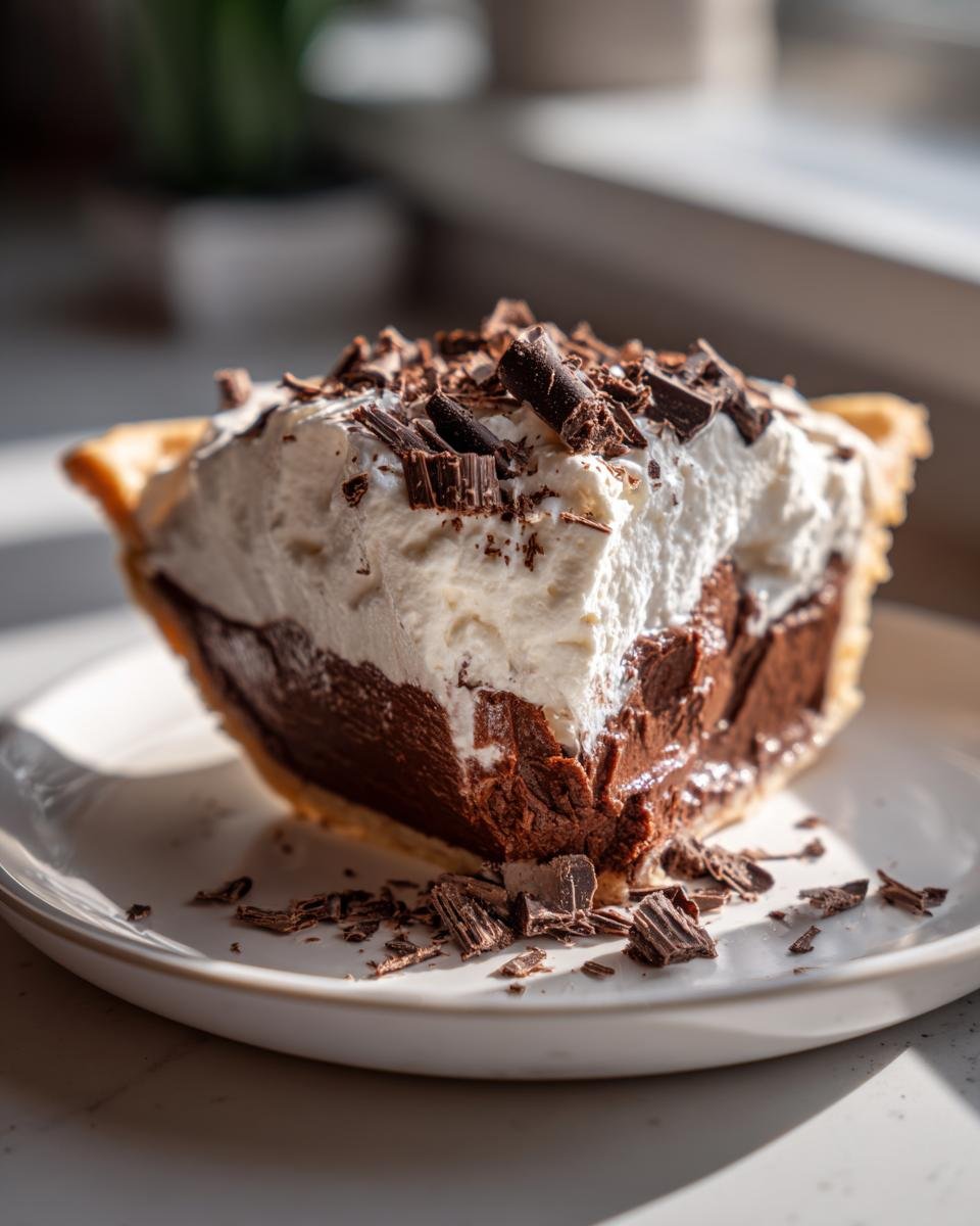 A close-up of a rich slice of Decadent French Silk Pie topped with whipped cream and dark chocolate shavings.