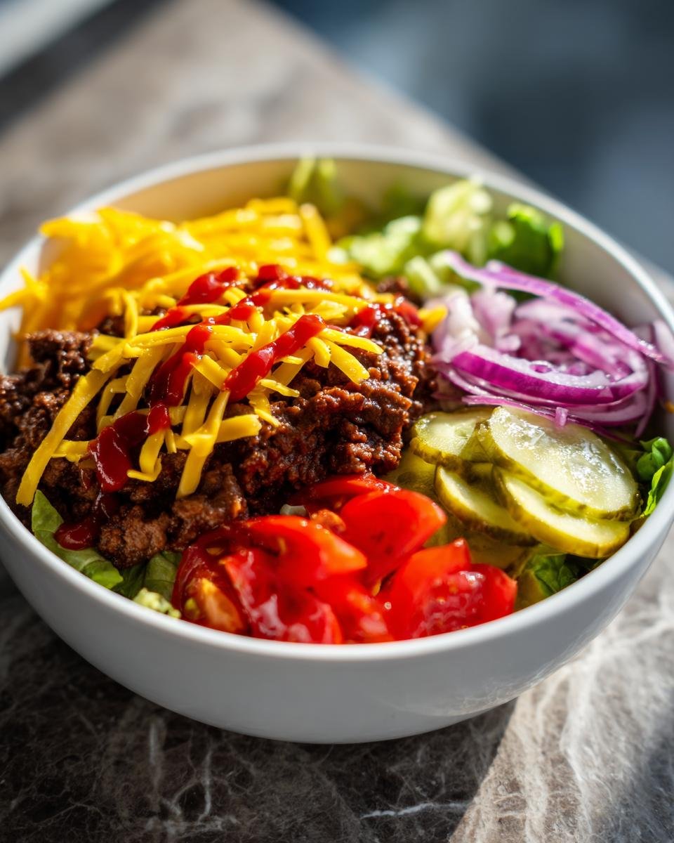 Close-up of a Delicious Burger Bowls serving with seasoned ground beef, shredded cheese, pickles, tomatoes, and onions.