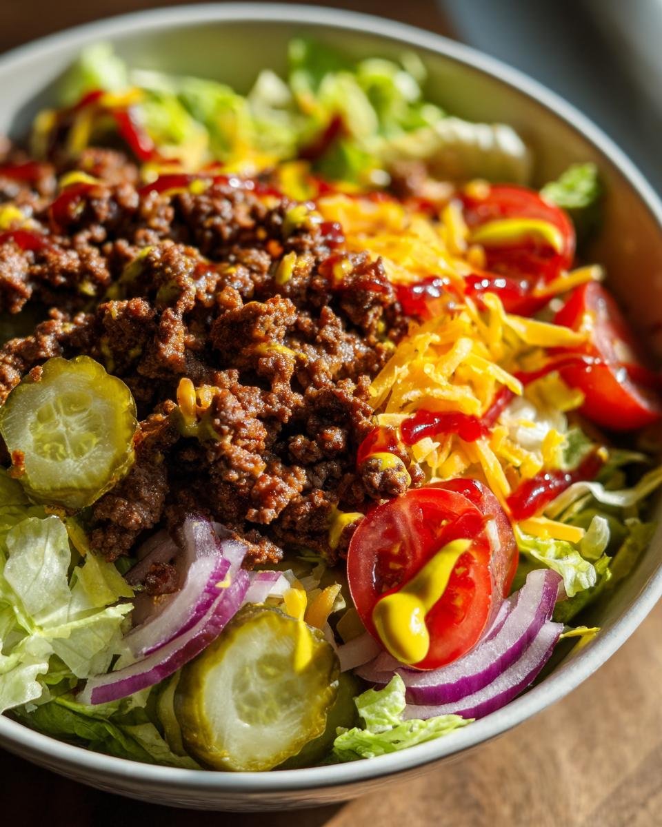 Close-up of a Delicious Burger Bowls serving with seasoned ground beef, shredded cheese, pickles, and tomatoes.