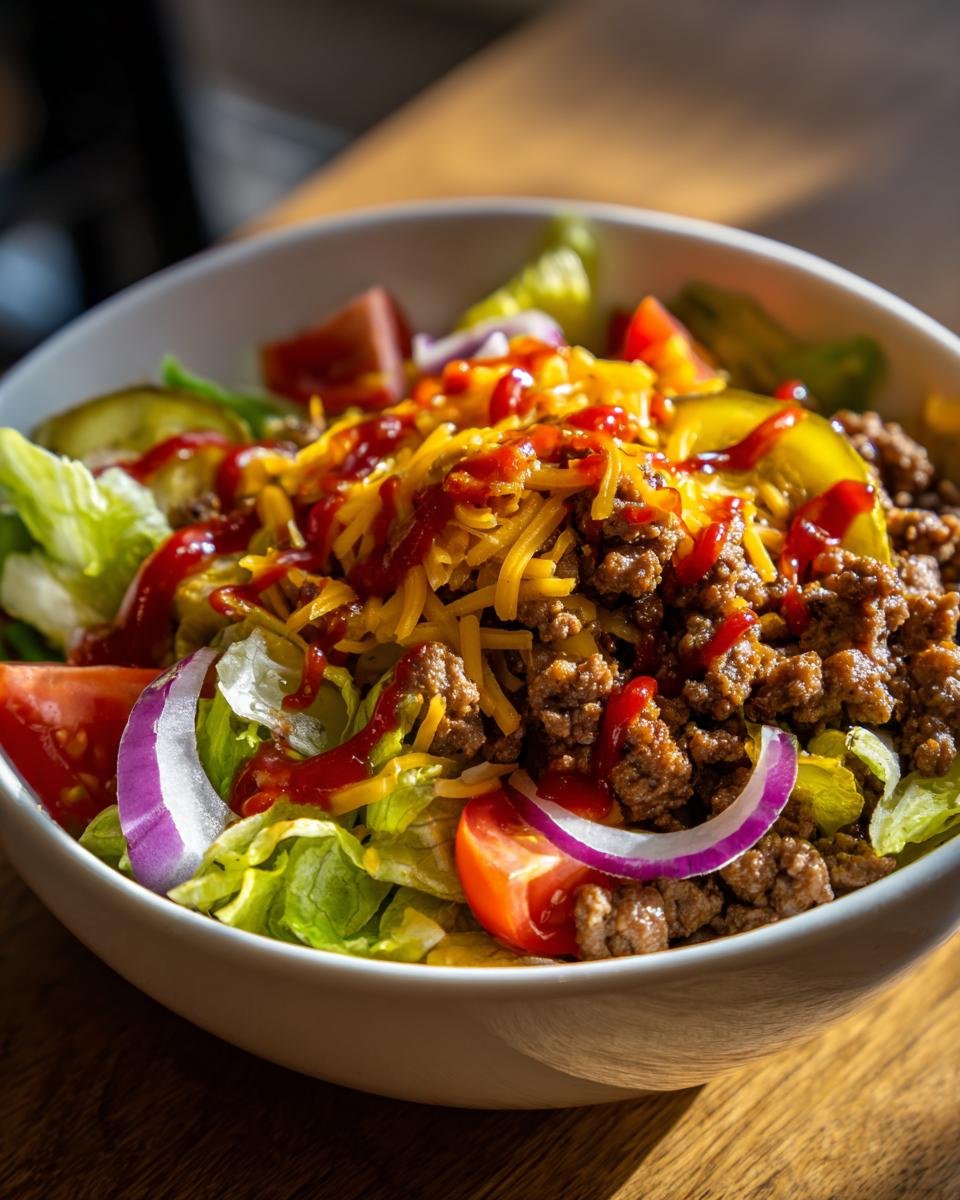 Close-up of a white bowl filled with Delicious Burger Bowls ingredients: seasoned ground beef, shredded cheese, lettuce, tomato, red onion, and ketchup.