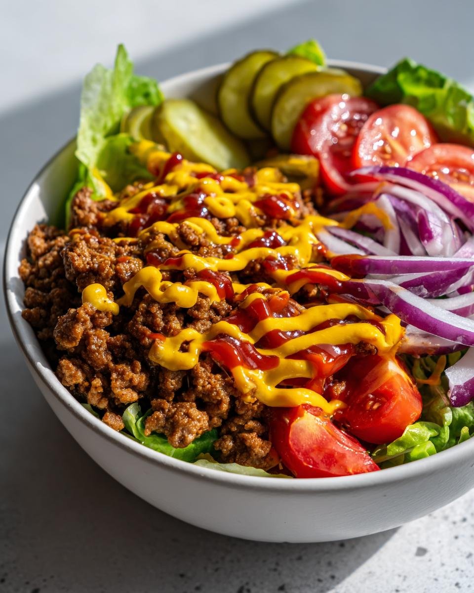 Close-up of Delicious Burger Bowls featuring seasoned ground beef, lettuce, tomatoes, red onion, pickles, mustard, and ketchup.
