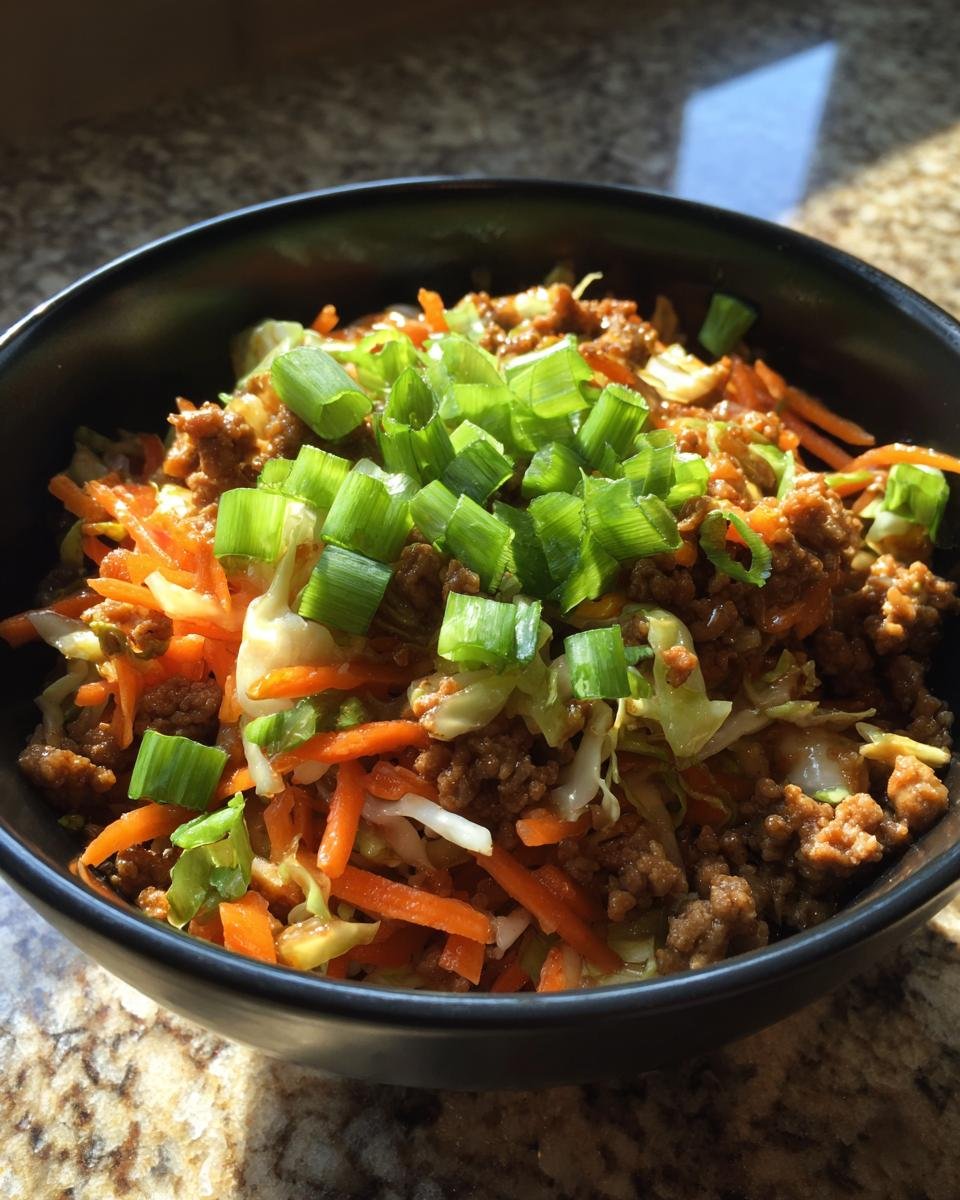 A close-up of a Delicious Egg Roll In A Bowl Recipe featuring ground meat, shredded carrots, cabbage, topped with fresh green onions.