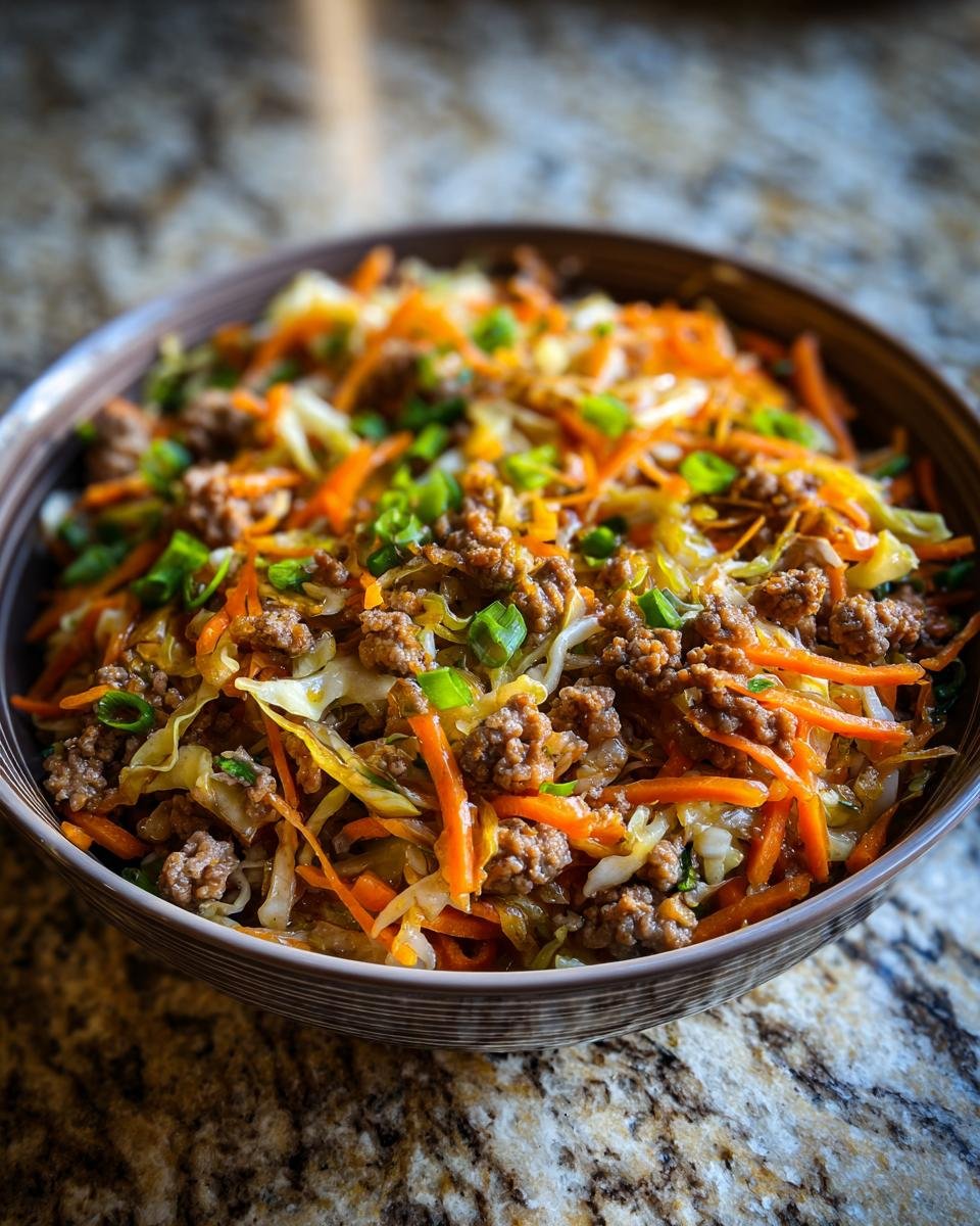 Close-up of a bowl filled with a Delicious Egg Roll In A Bowl Recipe, featuring ground meat, shredded carrots, and cabbage, topped with green onions.