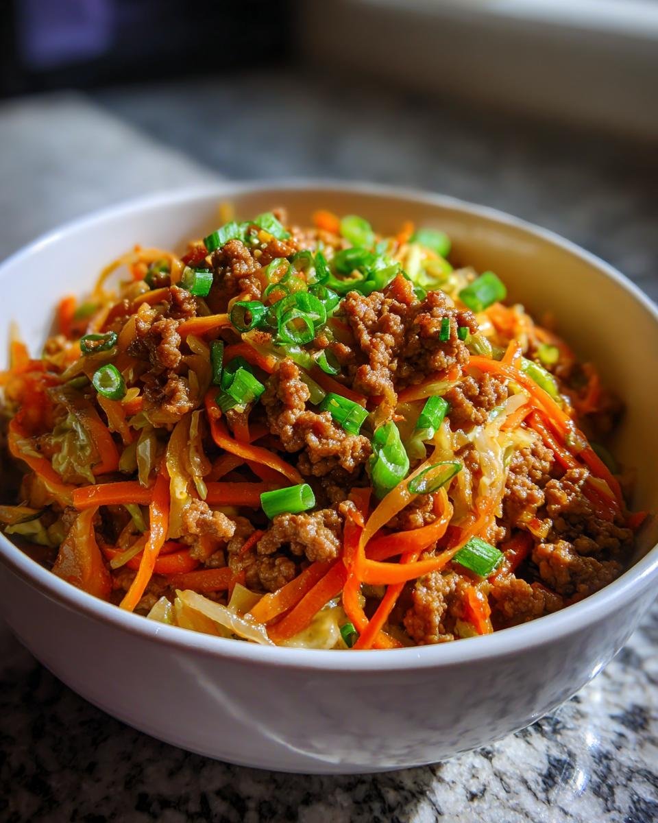 A white bowl filled with a Delicious Egg Roll In A Bowl Recipe, topped with ground meat, shredded carrots, and green onions.