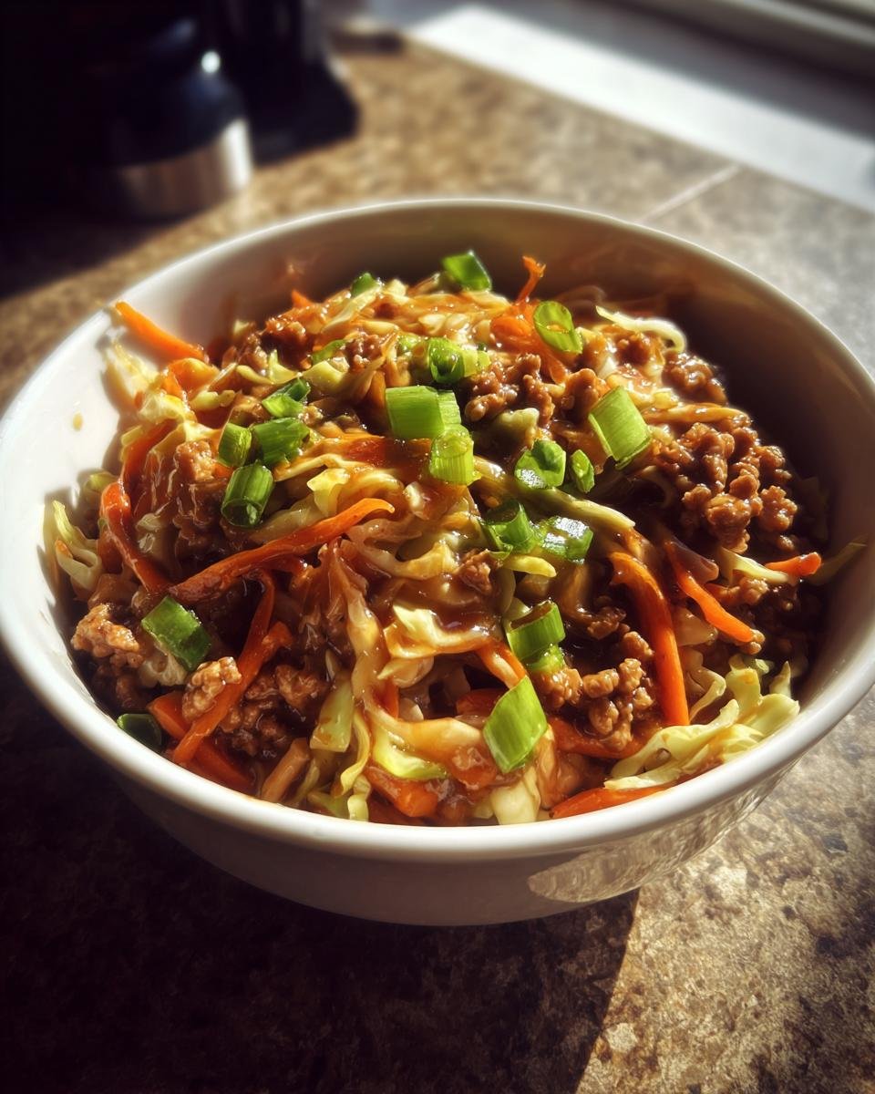 Close-up of a white bowl filled with Delicious Egg Roll In A Bowl Recipe, topped with green onions.