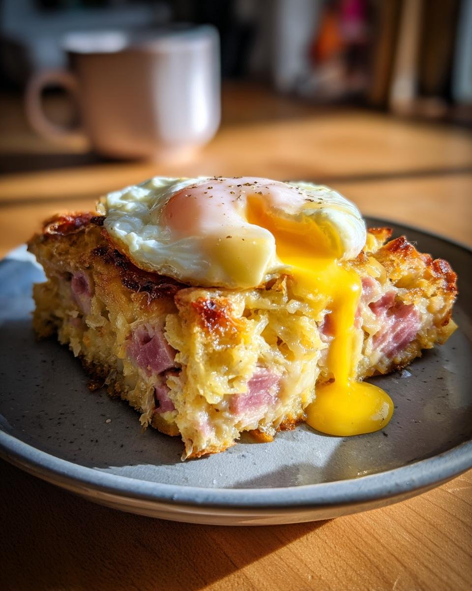 A slice of delicious Eggs Benedict Casserole topped with a perfectly fried egg, yolk running onto the plate.