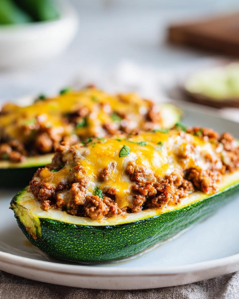 Close-up of Delicious Ground Turkey Taco Stuffed Zucchini Boats topped with melted cheese.