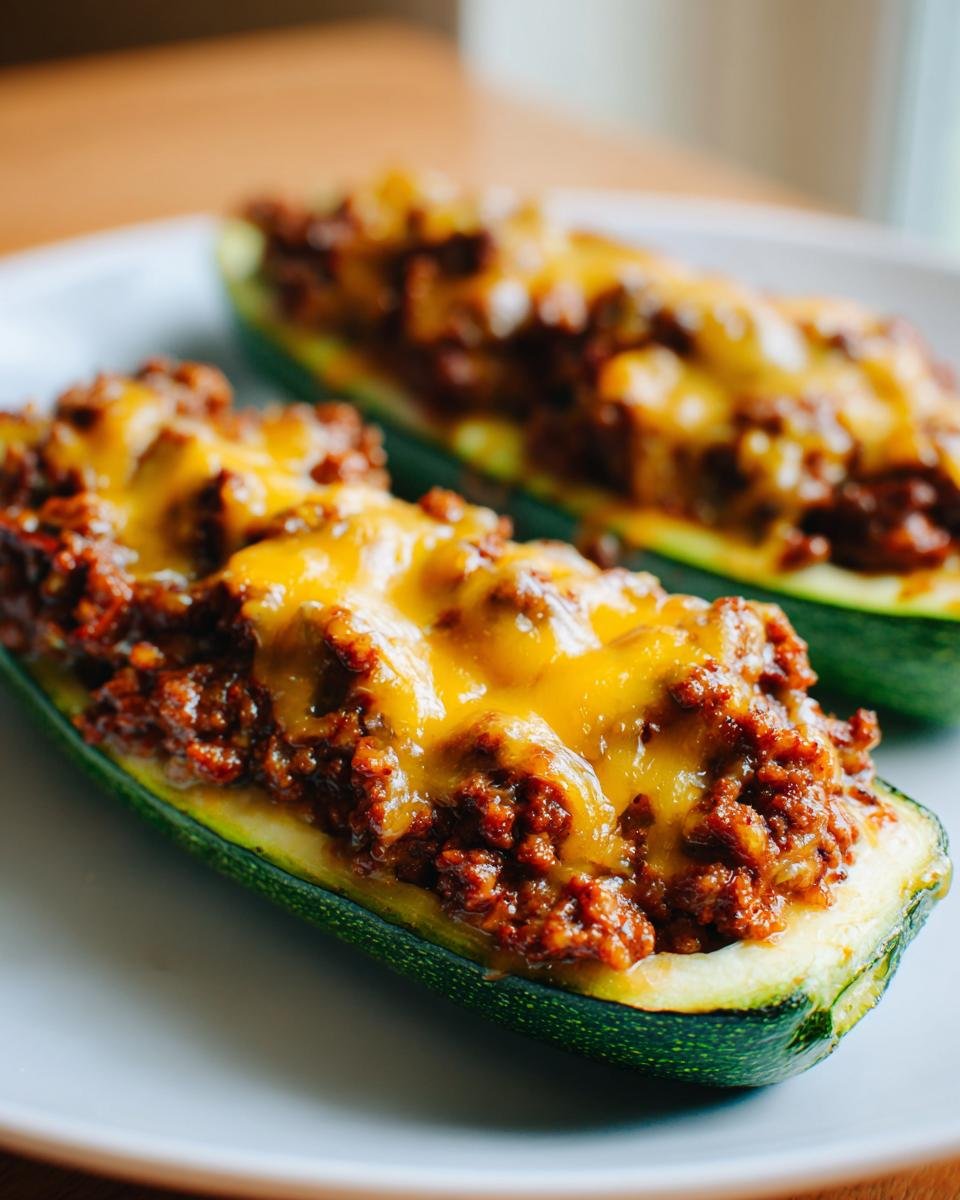 Two Delicious Ground Turkey Taco Stuffed Zucchini Boats topped with melted cheddar cheese on a white plate.