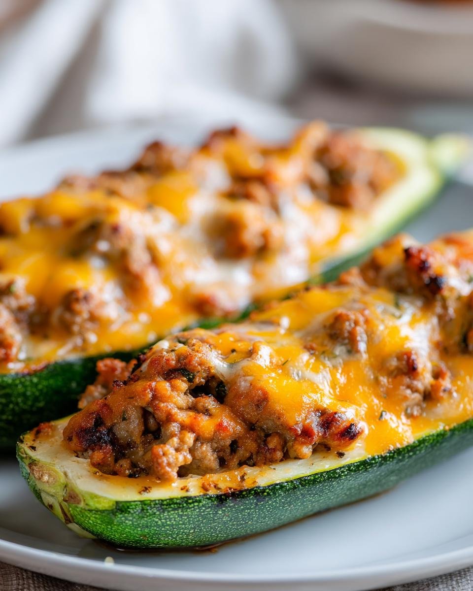 Close-up of two Delicious Ground Turkey Taco Stuffed Zucchini Boats topped with melted cheddar cheese.
